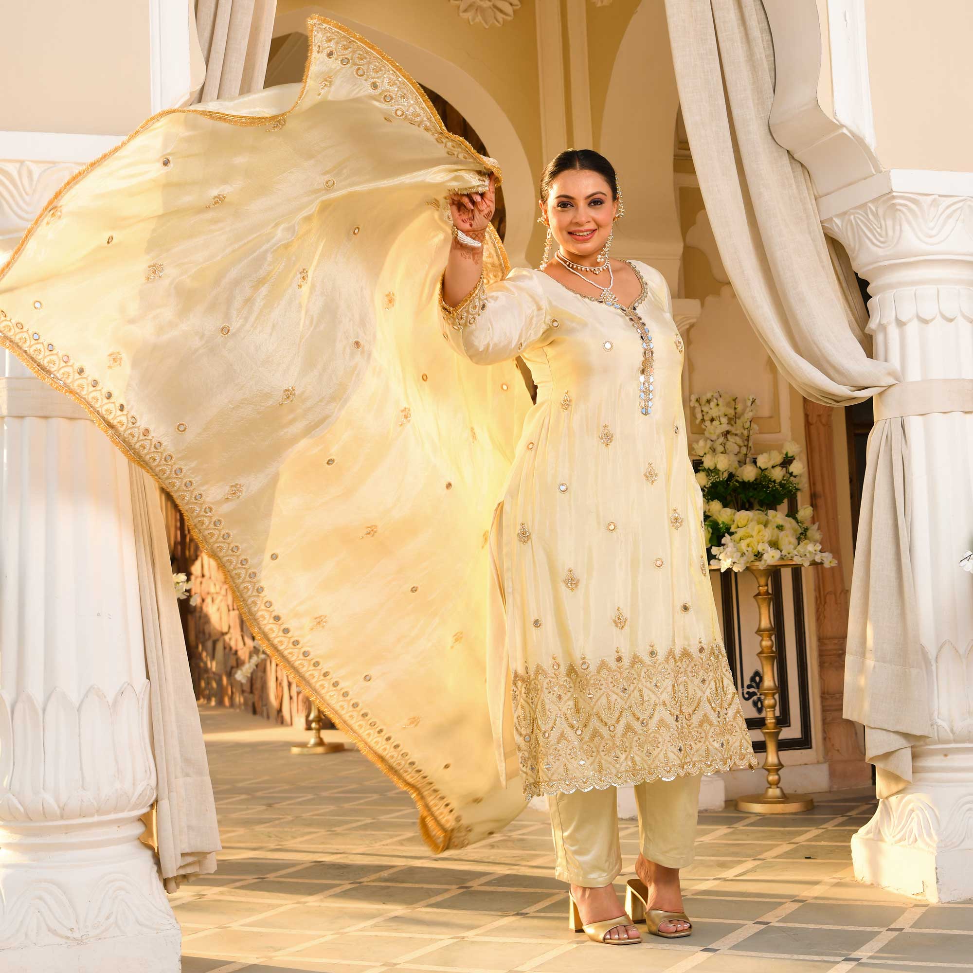 AAINA - Ivory & Gold Mirror & Cutdana Embroidered Pure Tissue Silk Suit Set - Image 9