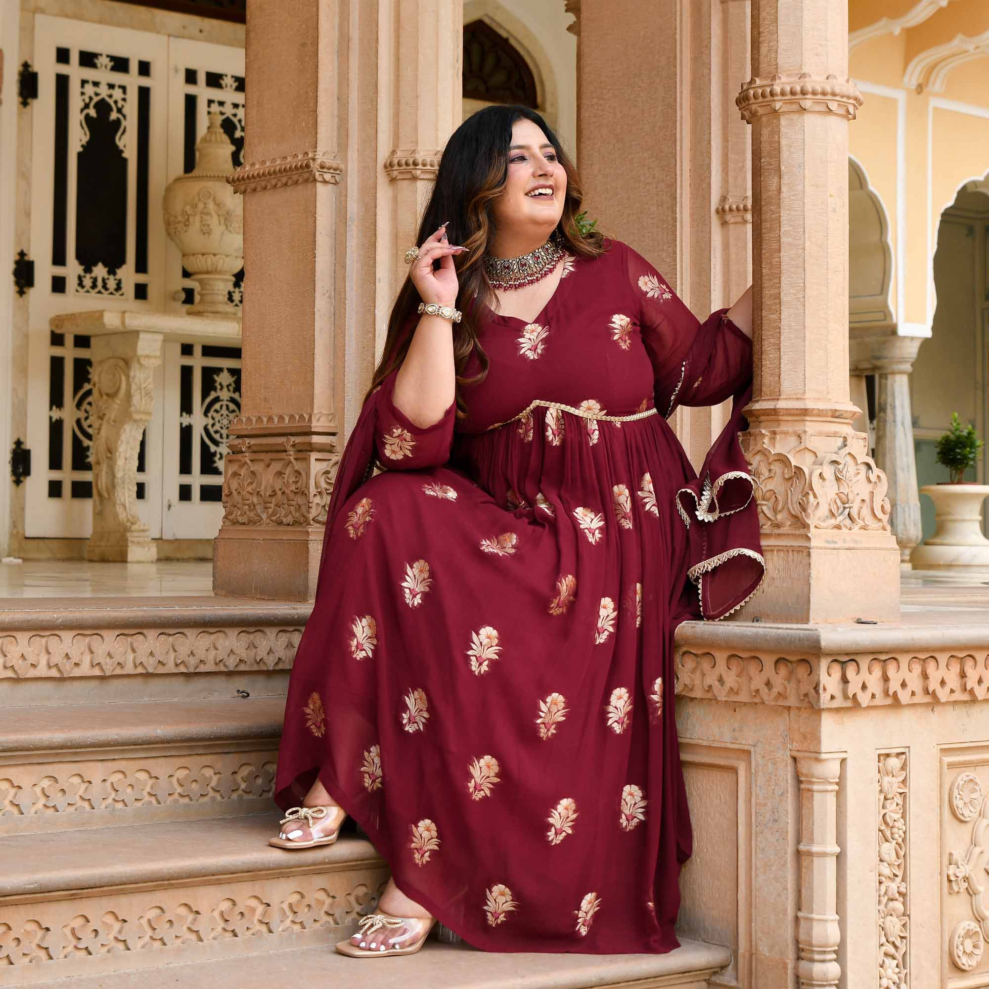 Aalta - Maroon Banarasi Pure Georgette Alia Cut Suit Set - Image 2
