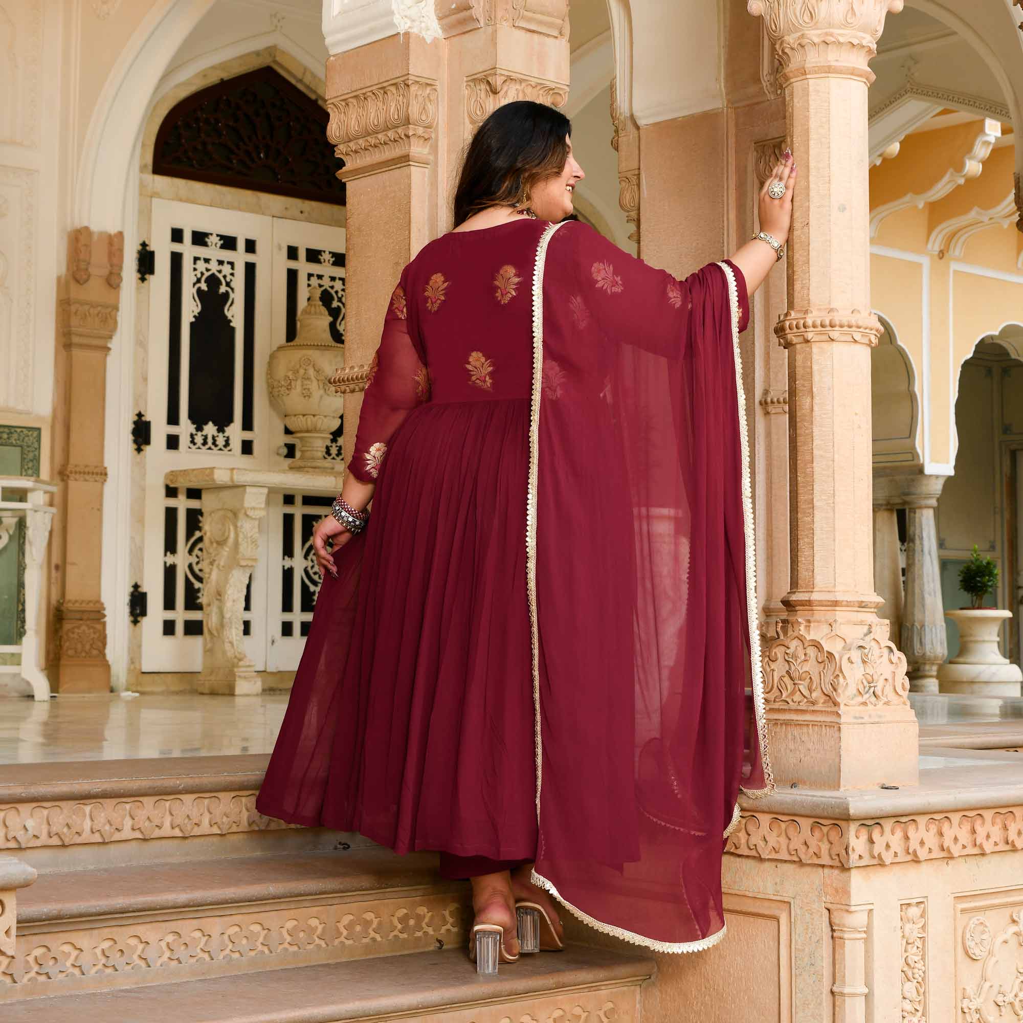 Aalta - Maroon Banarasi Pure Georgette Alia Cut Suit Set - Image 5