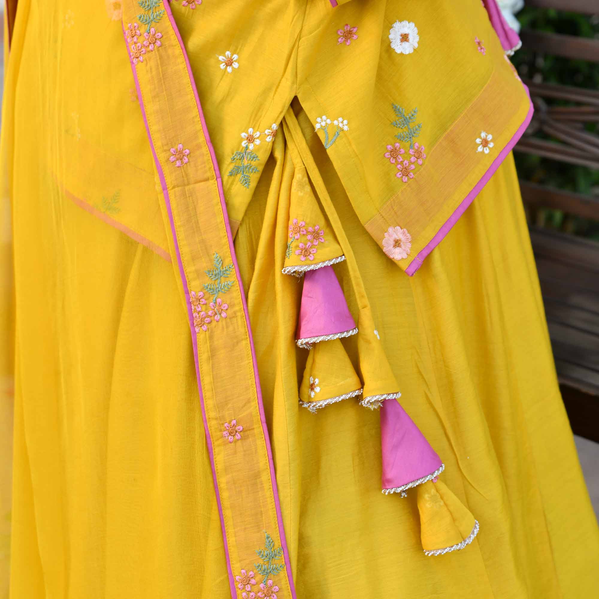 Aam Paana- Yellow Floral Thread Embroidery Mul Chanderi Lehenga Set - Image 7