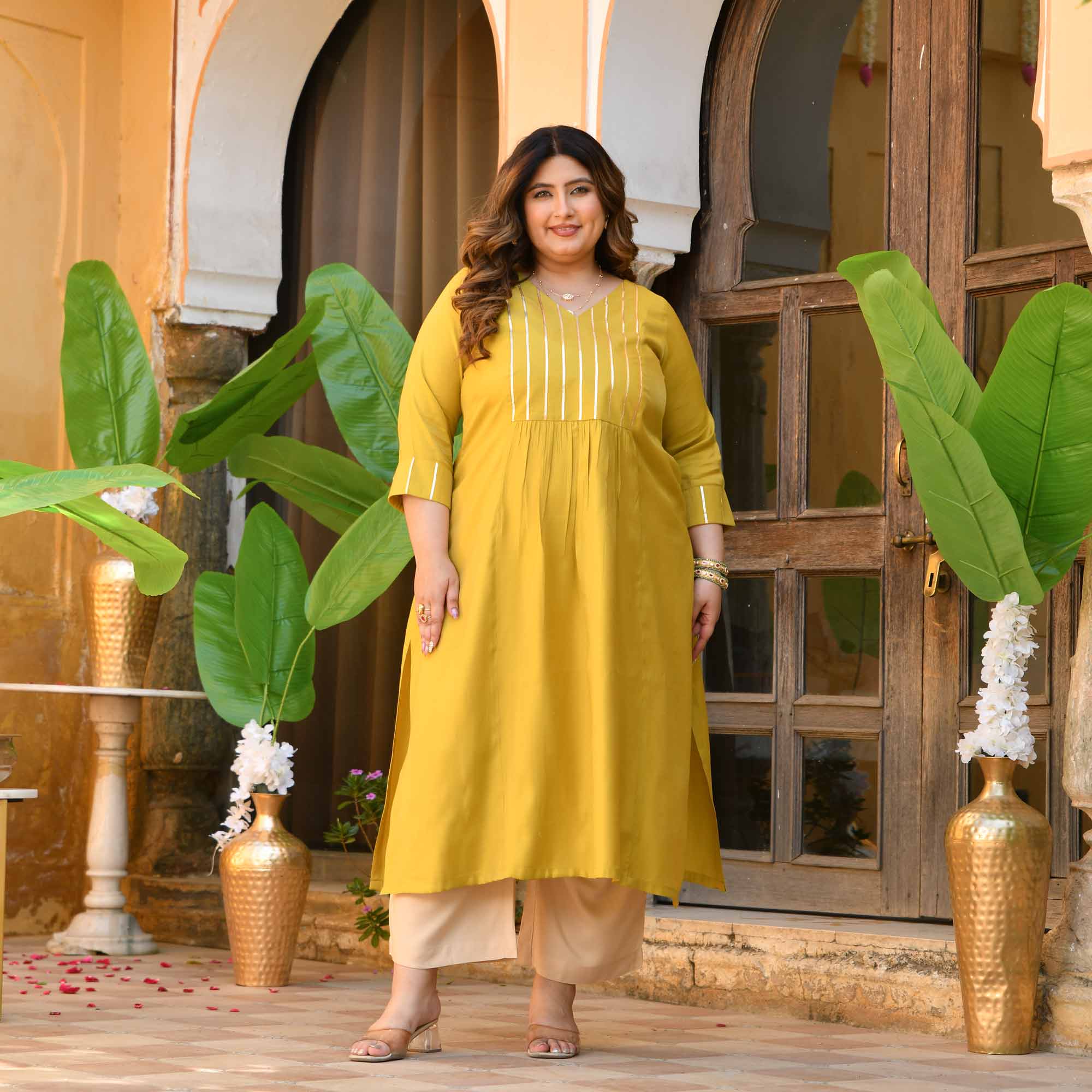 Aamras- Yellow Viscose Tissue A-line Kurta - Image 3