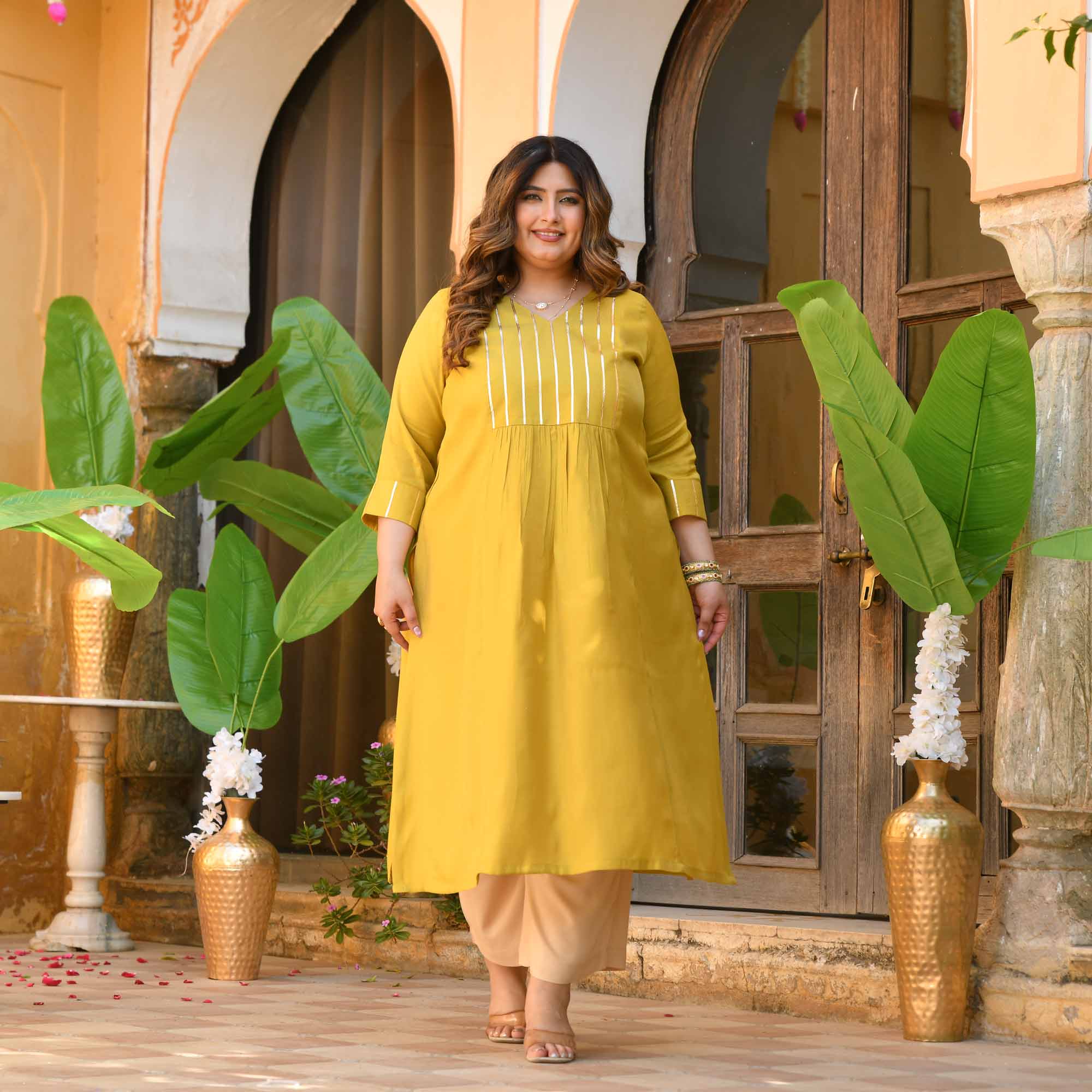 Aamras- Yellow Viscose Tissue A-line Kurta - Image 9