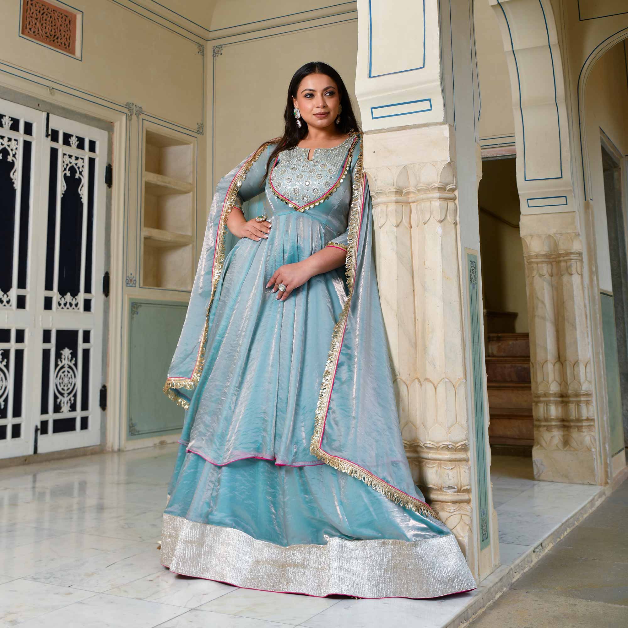 Aasman Ka Moti - Sky Blue Tissue Silk Embroidered Cape Set - Image 6