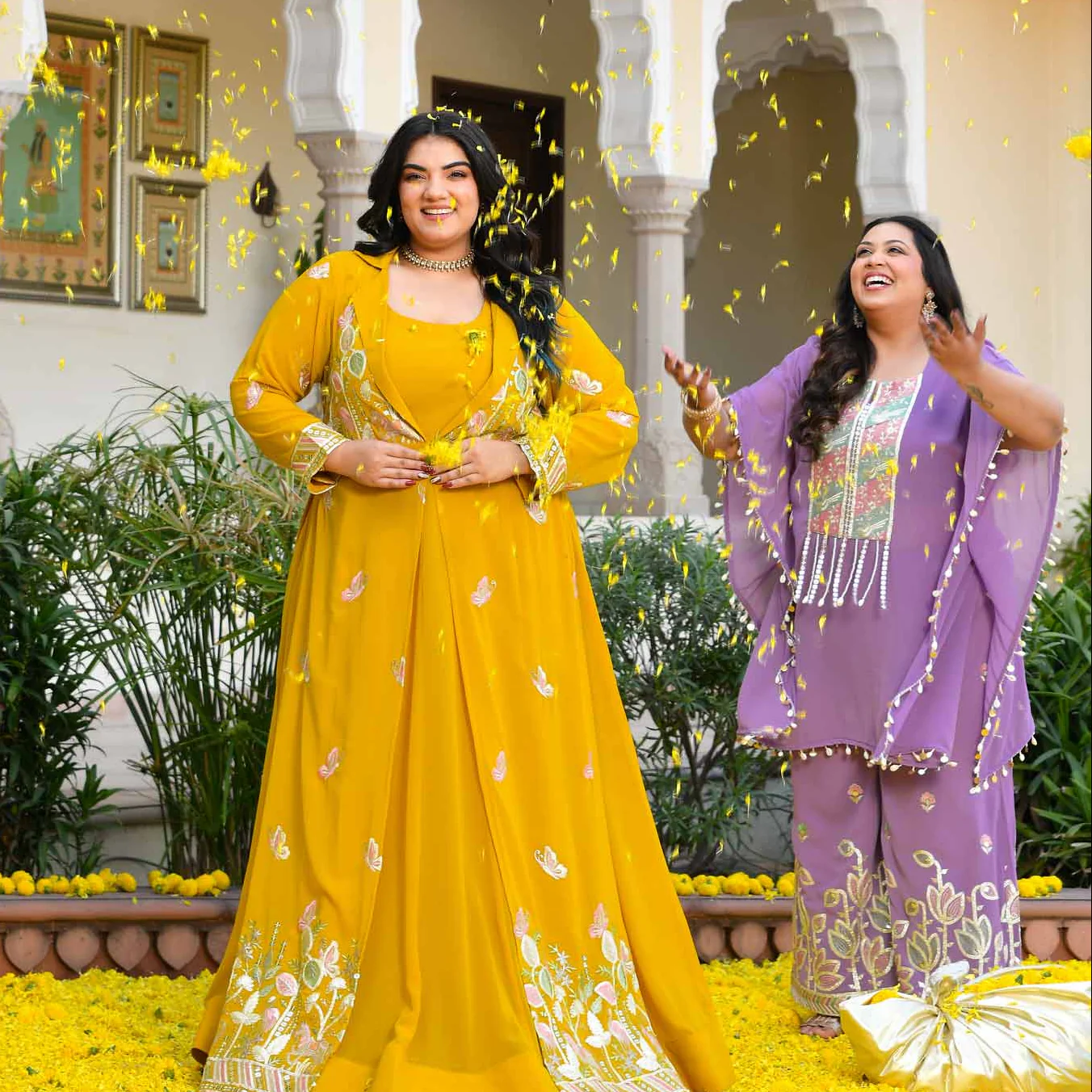 Golden Vows- Mustard Yellow Thread & Gota Embroidered Georgette Anarkali Cape Set - Image 7