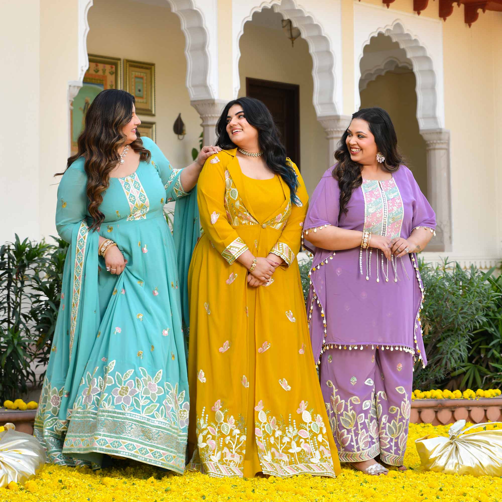 Golden Vows- Mustard Yellow Thread & Gota Embroidered Georgette Anarkali Cape Set - Image 3