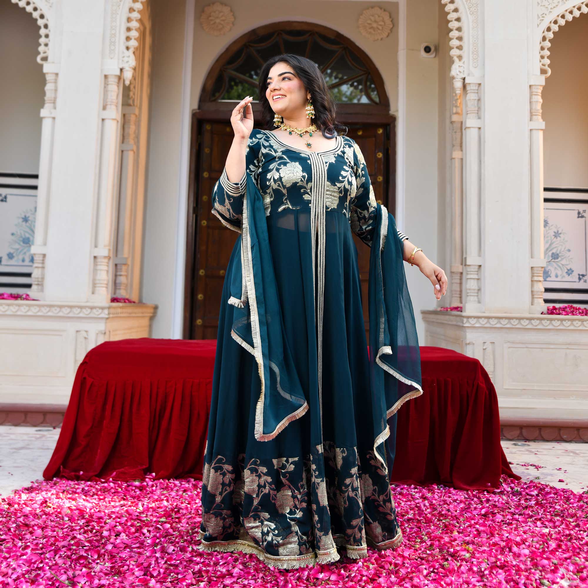 Ambrai- Teal Blue Banarasi Pure Georgette Anarkali Skirt Set - Image 5