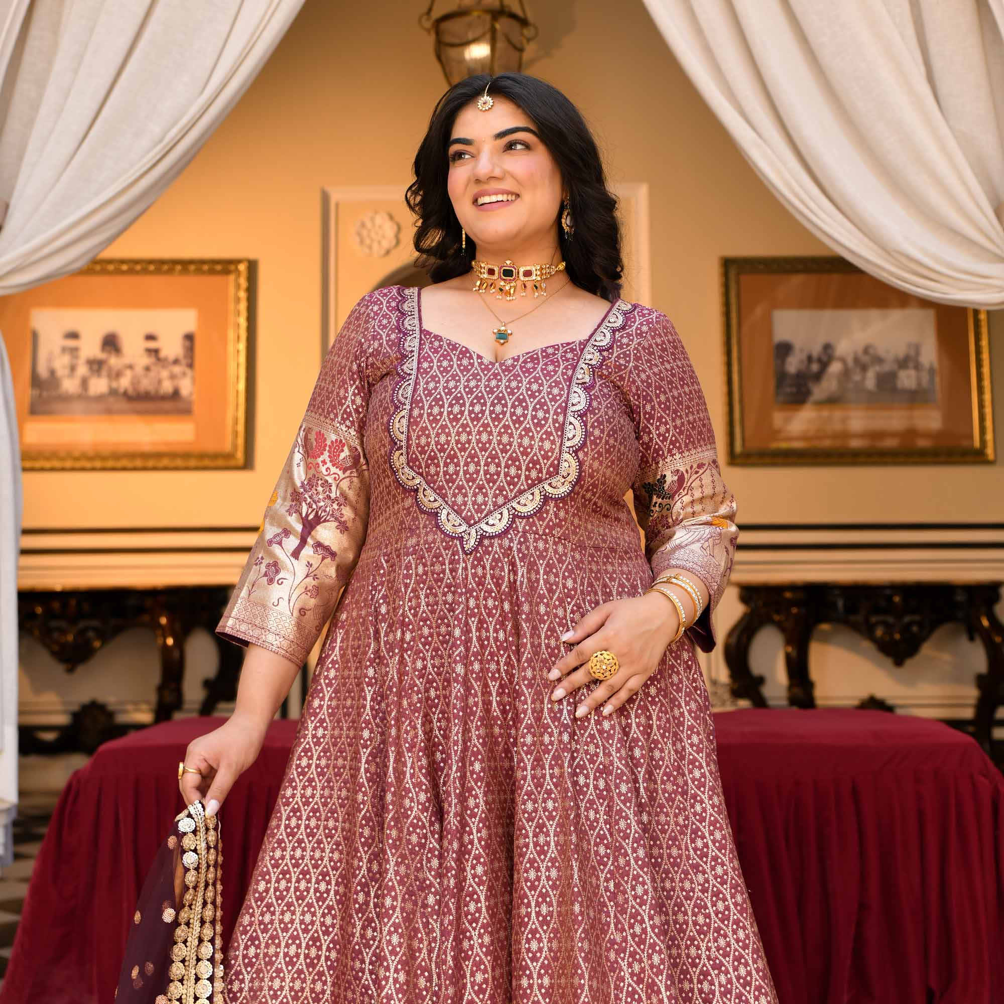Arunima - Deep Wine Banarasi Silk Anarkali Set - Image 3