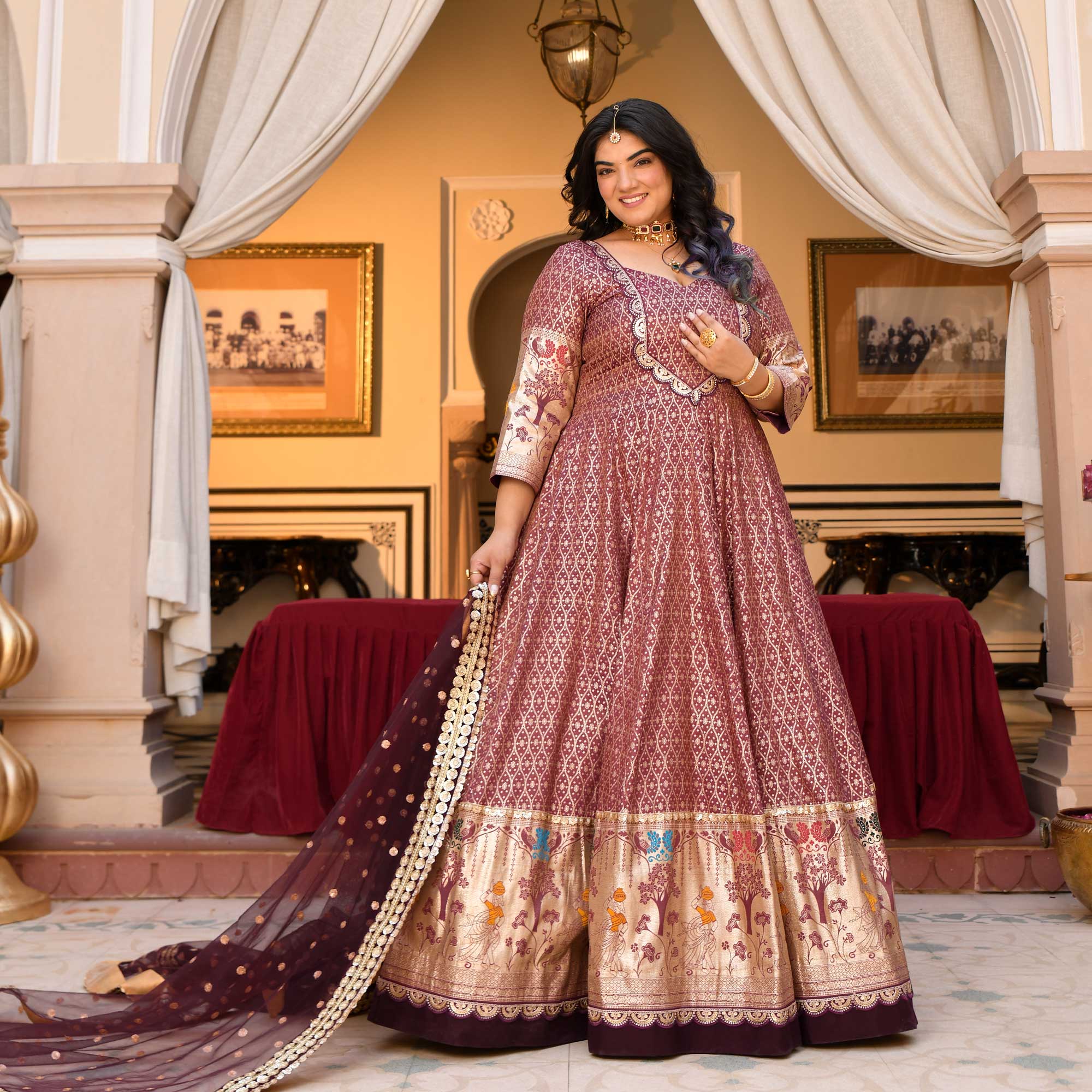 Arunima - Deep Wine Banarasi Silk Anarkali Set - Image 9