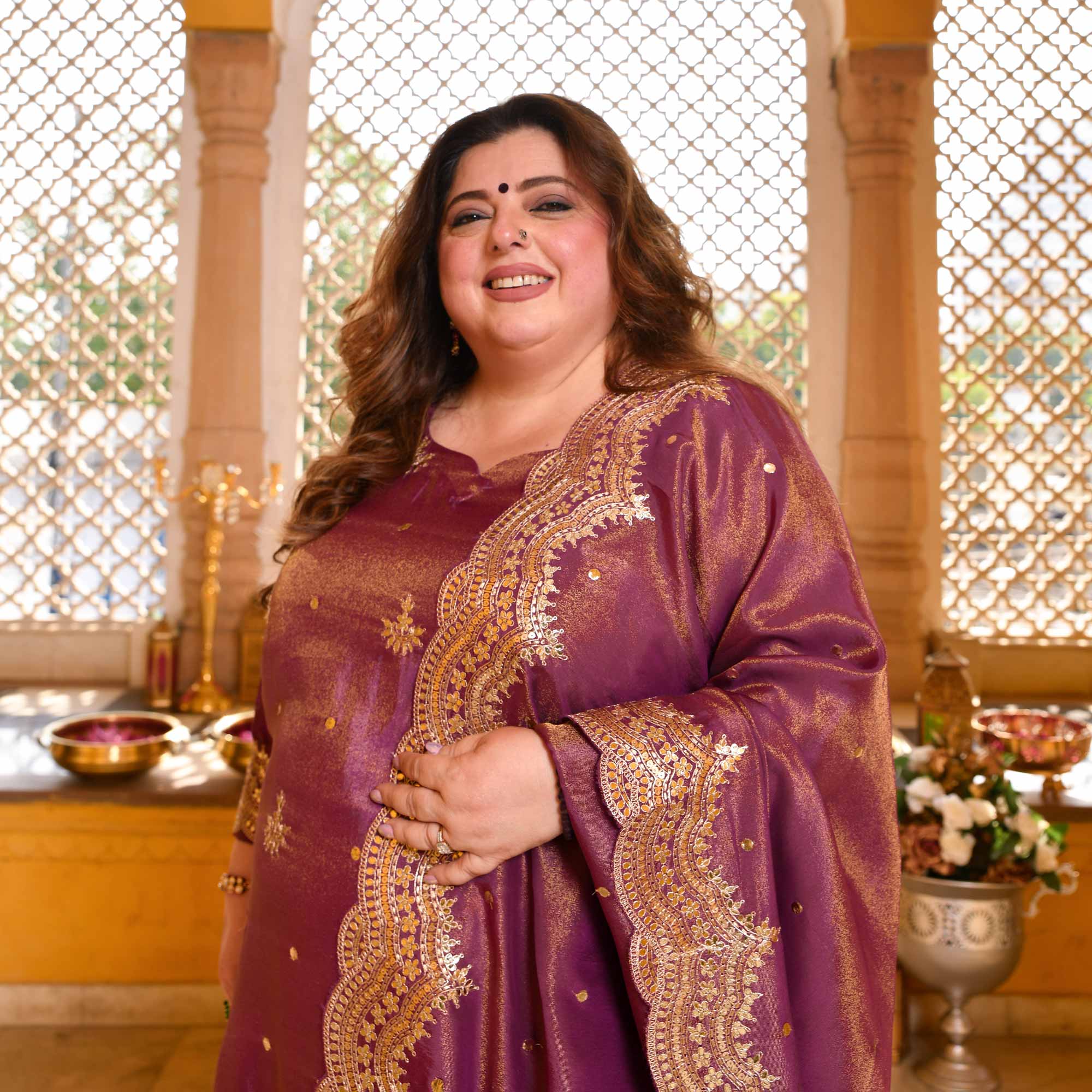 Berry Divine-Purple Pure Tissue Silk Embroidered Suit Set - Image 4