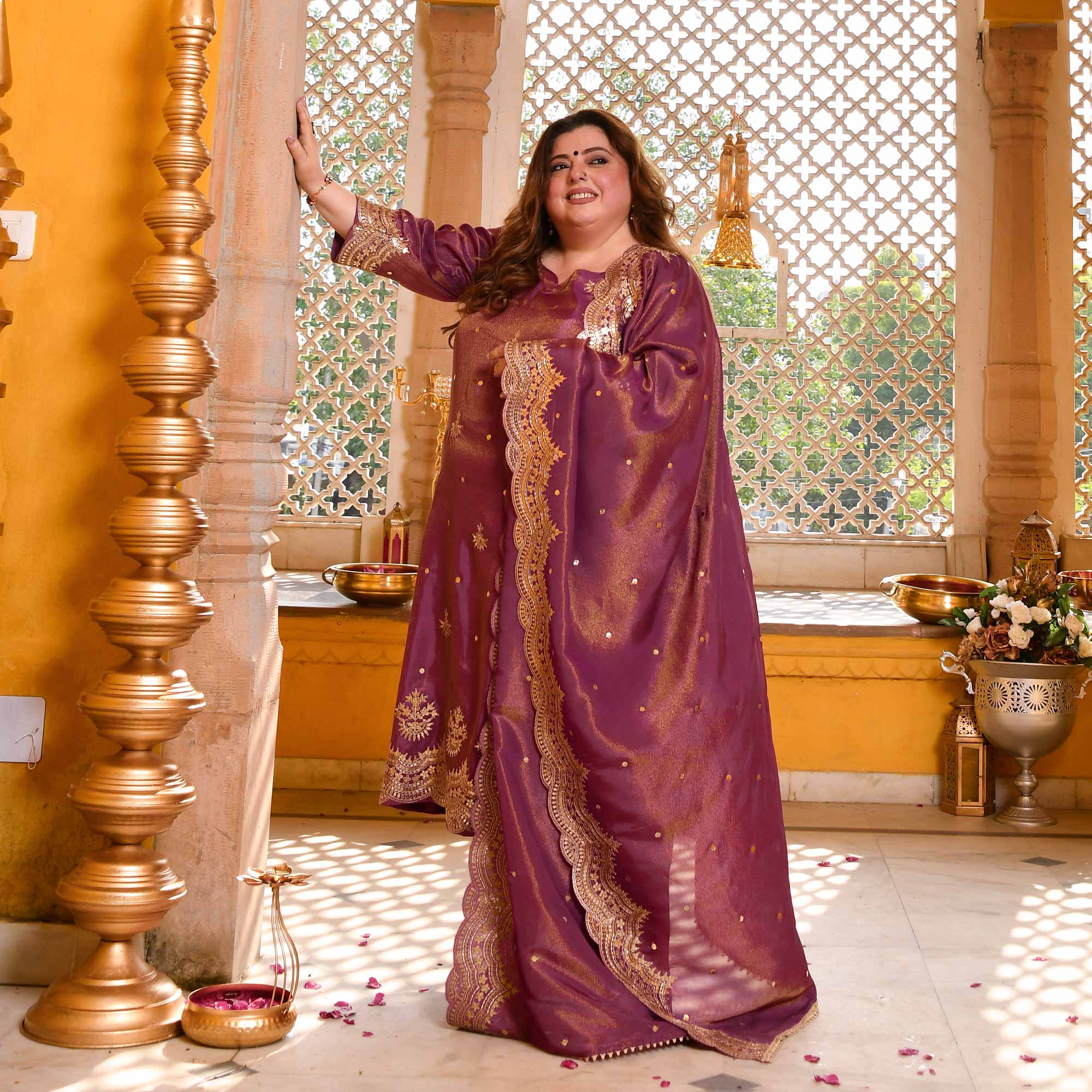 Berry Divine-Purple Pure Tissue Silk Embroidered Suit Set - Image 9