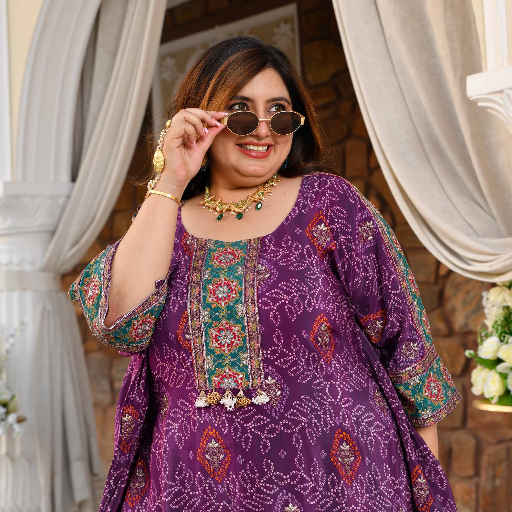 Bikaner- Deep Purple Fusion Bandhani Pure Crepe Co-Ord Set - Image 7