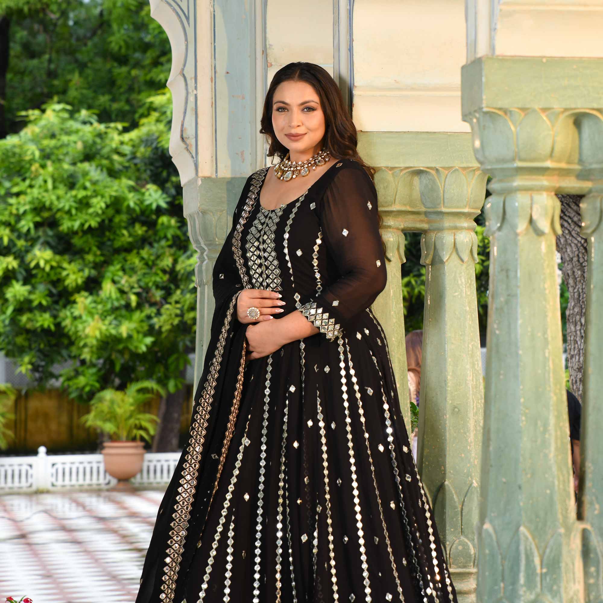 Black Diamond Mirror Embroidered Pure Georgette Anarkali Set - Image 5