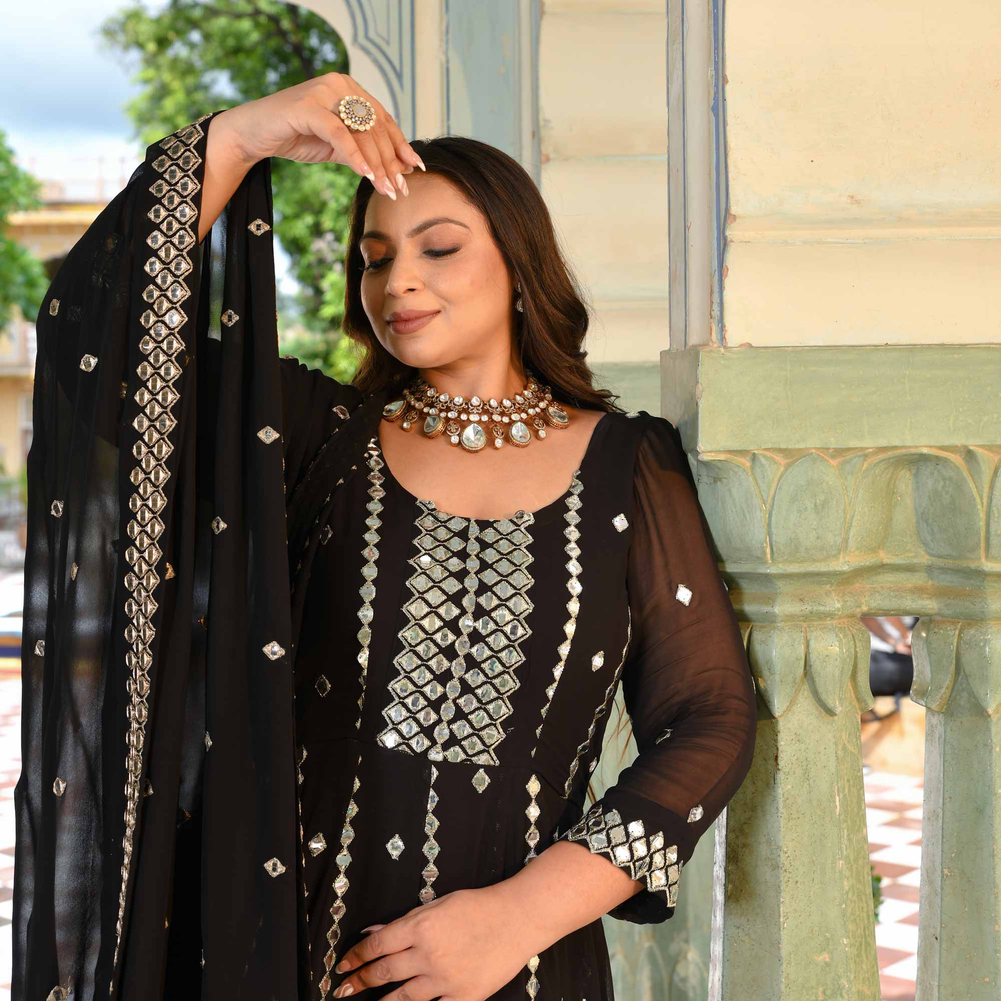 Black Diamond Mirror Embroidered Pure Georgette Anarkali Set - Image 7