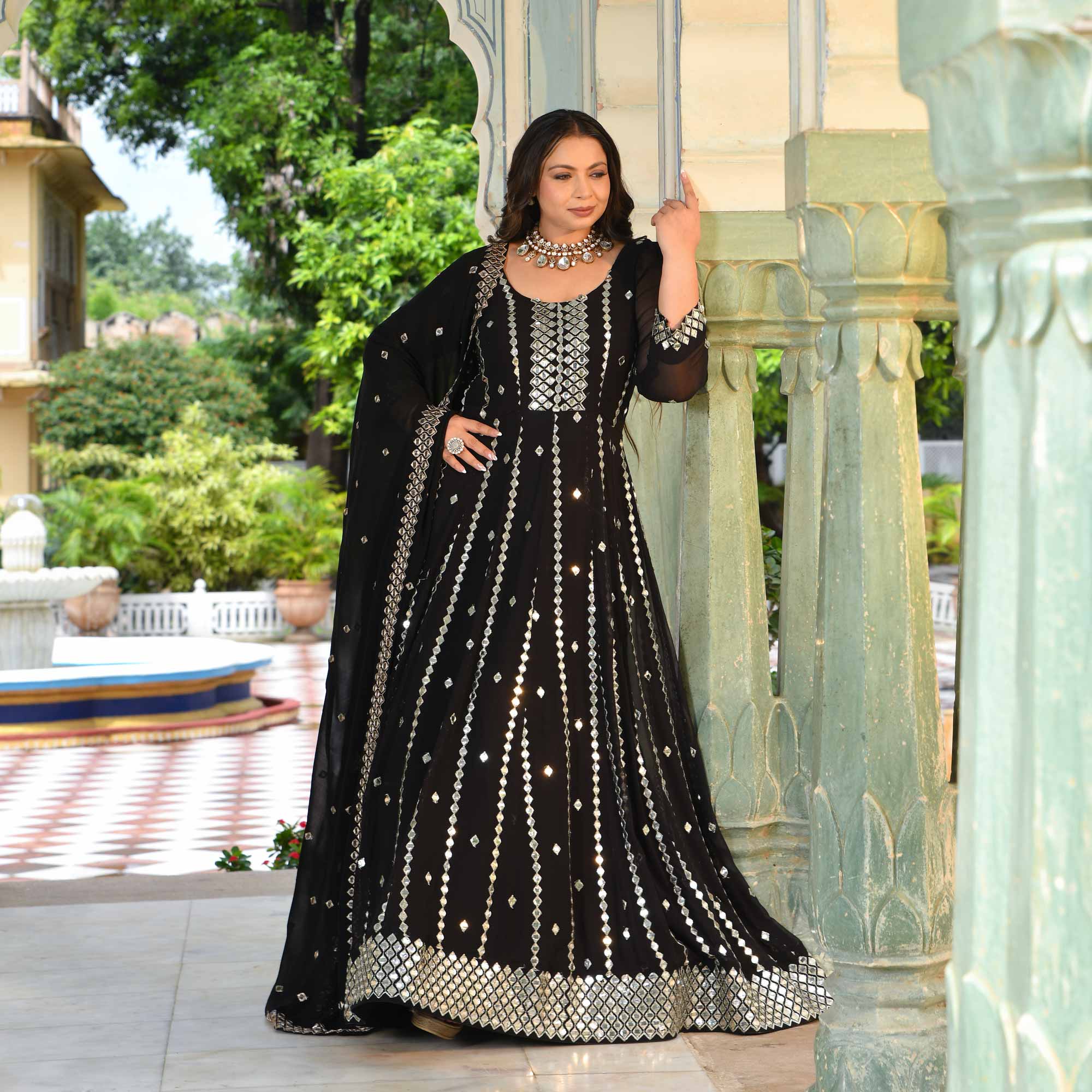 Black Diamond Mirror Embroidered Pure Georgette Anarkali Set - Image 8