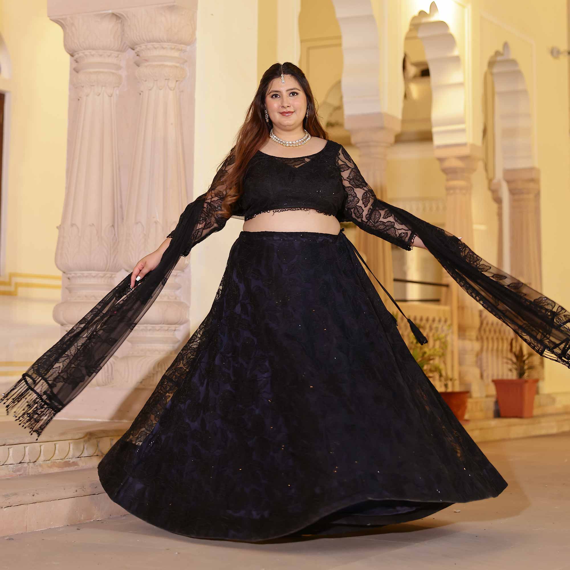 Black Divine Floral Net Lehenga Set - Image 6
