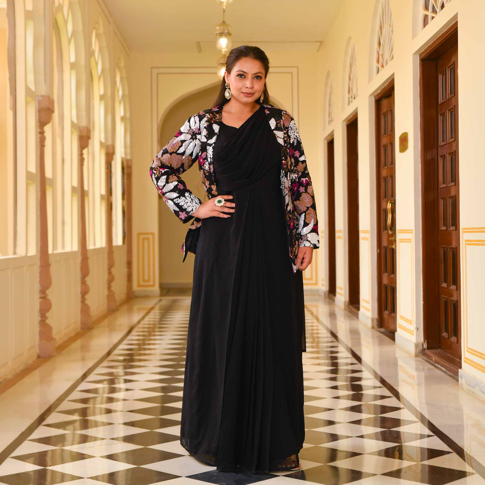 Black Rose Drape Saree with Sequin Embroidered Blazer - Image 10