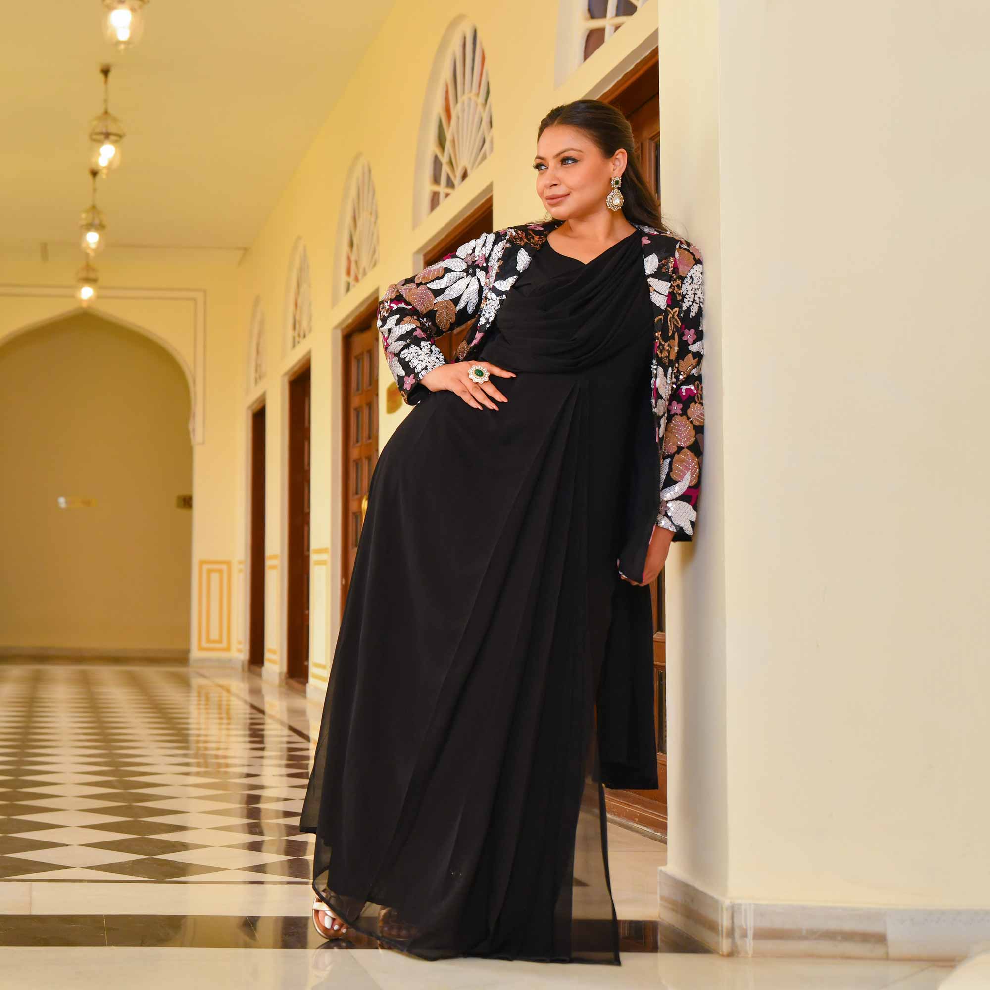 Black Rose Drape Saree with Sequin Embroidered Blazer - Image 12