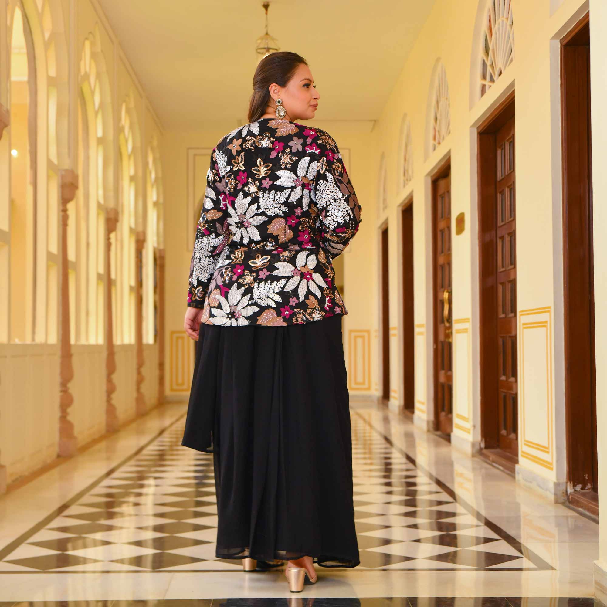 Black Rose Drape Saree with Sequin Embroidered Blazer - Image 4