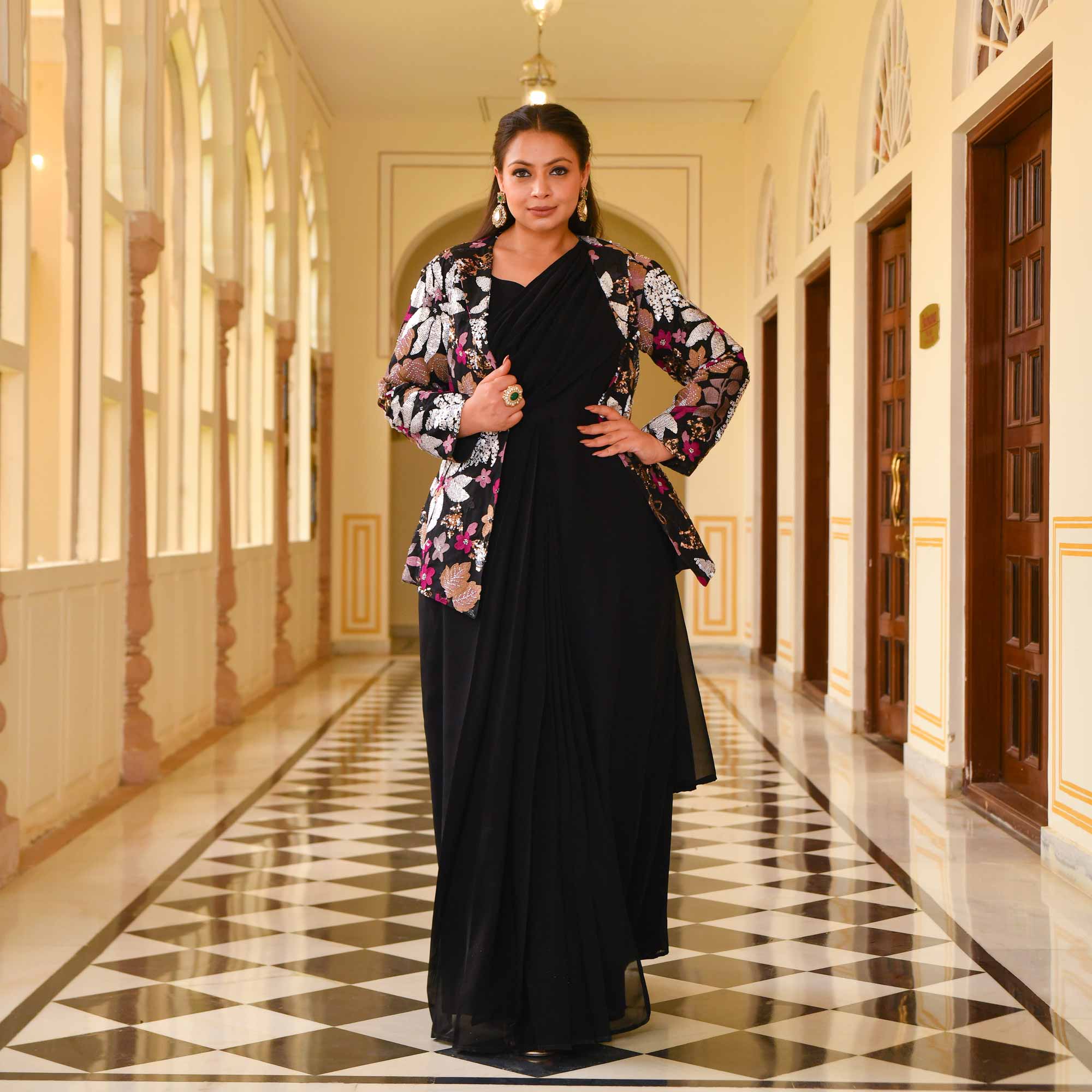 Black Rose Drape Saree with Sequin Embroidered Blazer - Image 8