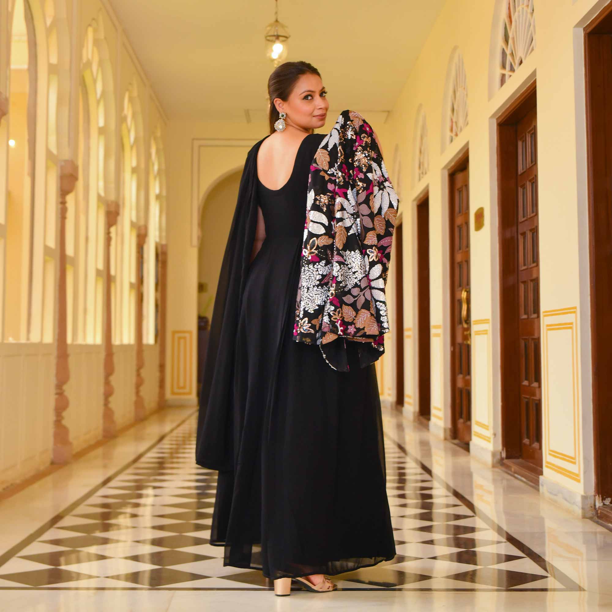 Black Rose Drape Saree with Sequin Embroidered Blazer - Image 9
