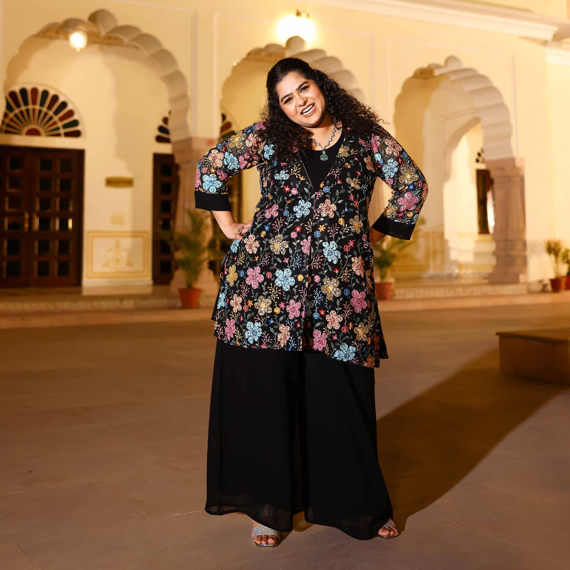 Black Stardust Georgette Sequin Embroidered Blazer Co-Ord Set - Image 6