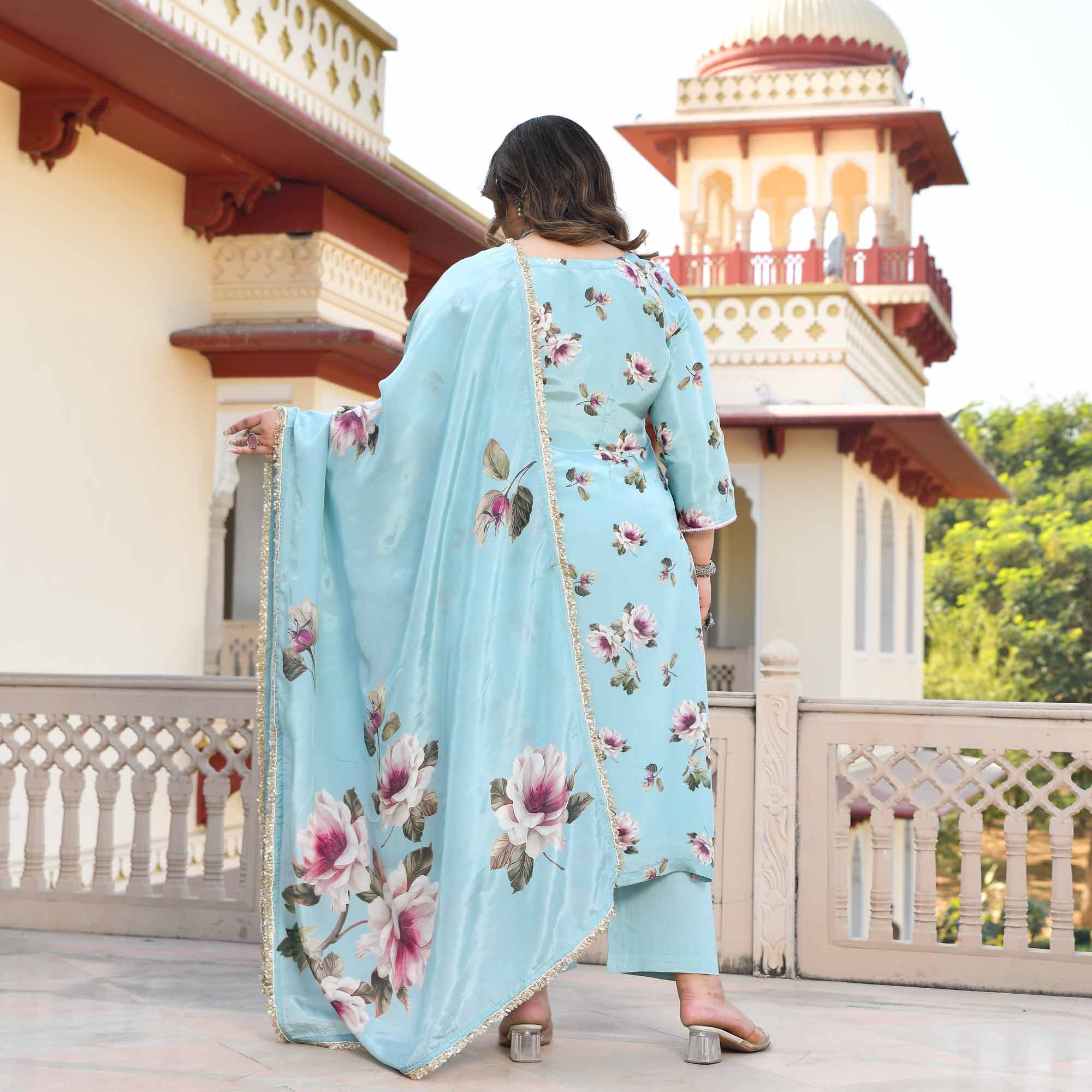 Blooming Sky- Light Blue Floral Pure Organza Suit Set - Image 4