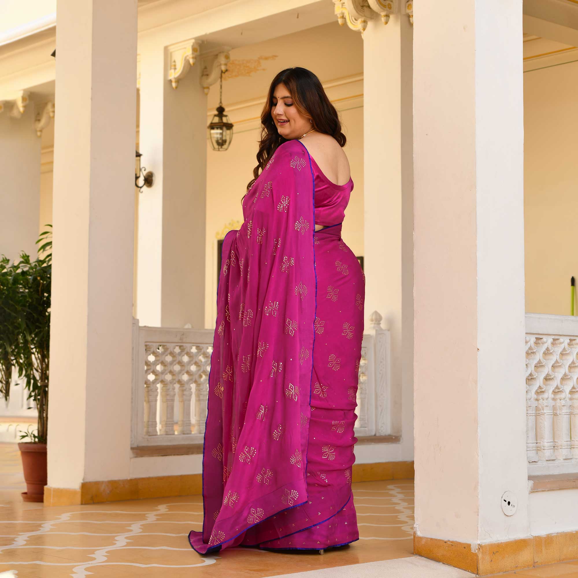 Blush Royale- Rani Pink & Gold Embroidered Pre-drape Saree Set - Image 10