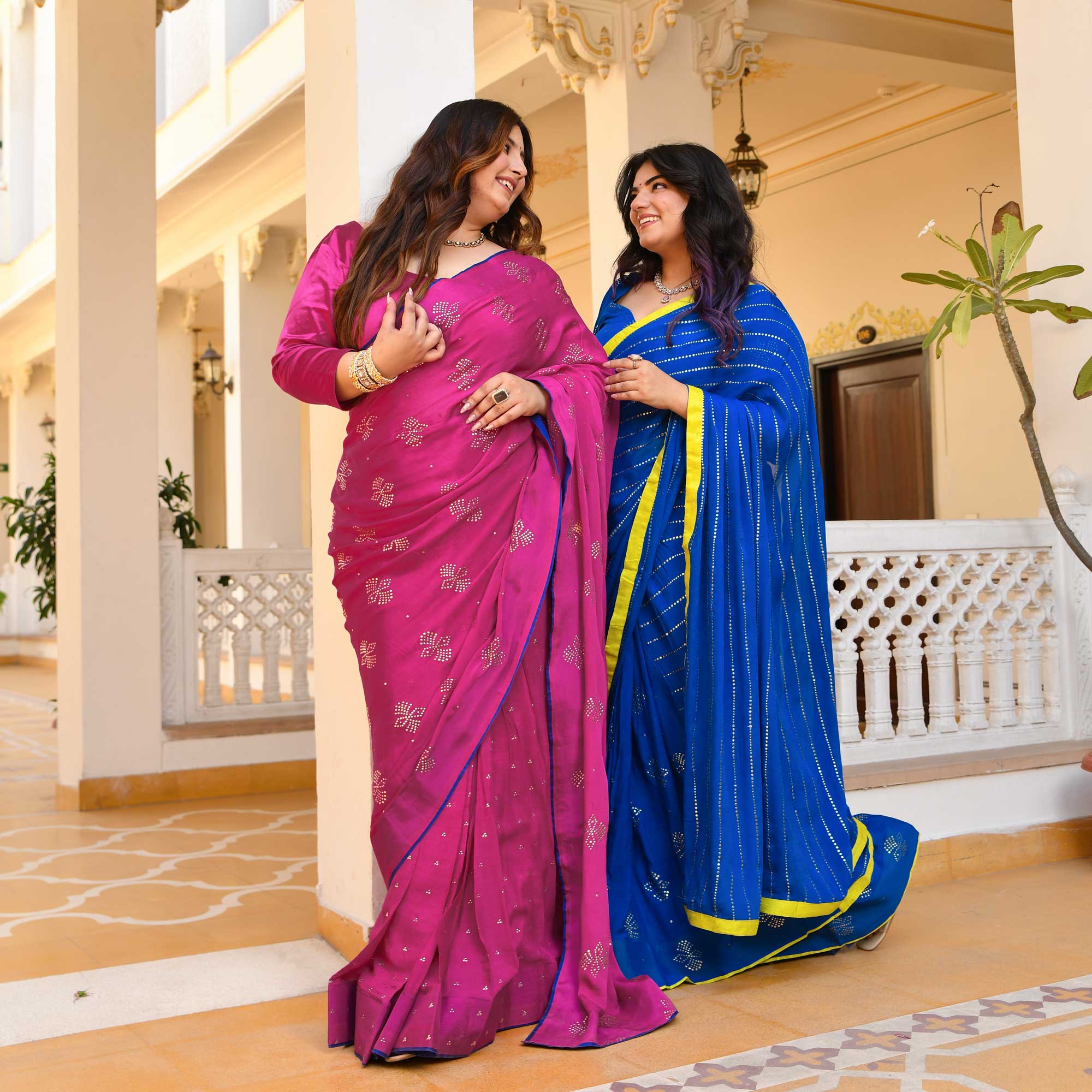 Blush Royale- Rani Pink & Gold Embroidered Pre-drape Saree Set - Image 11