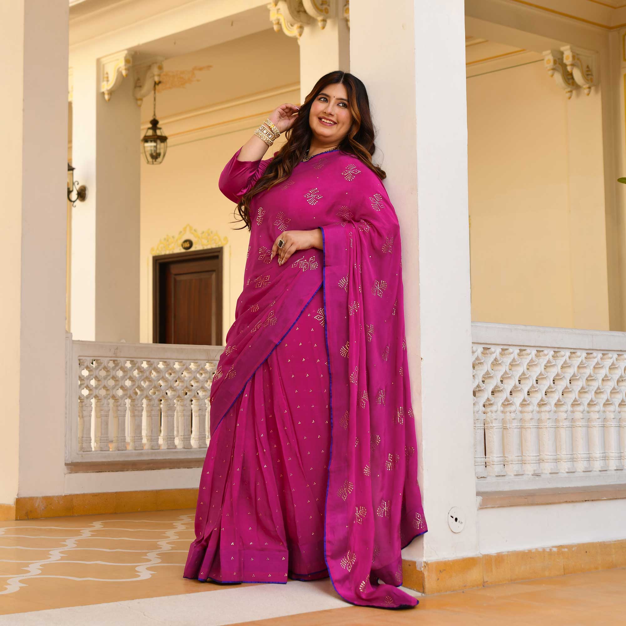 Blush Royale- Rani Pink & Gold Embroidered Pre-drape Saree Set - Image 3