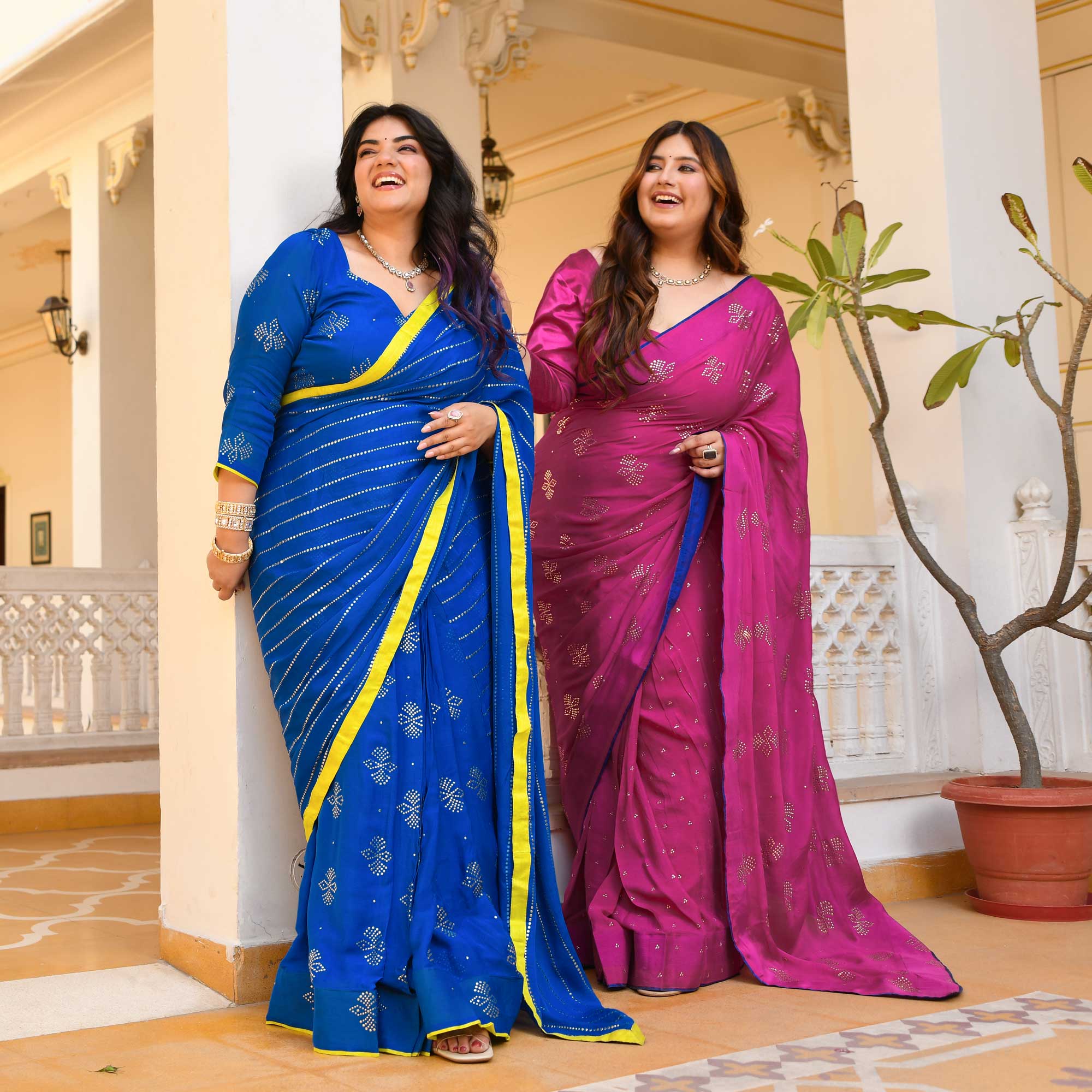 Blush Royale- Rani Pink & Gold Embroidered Pre-drape Saree Set - Image 4