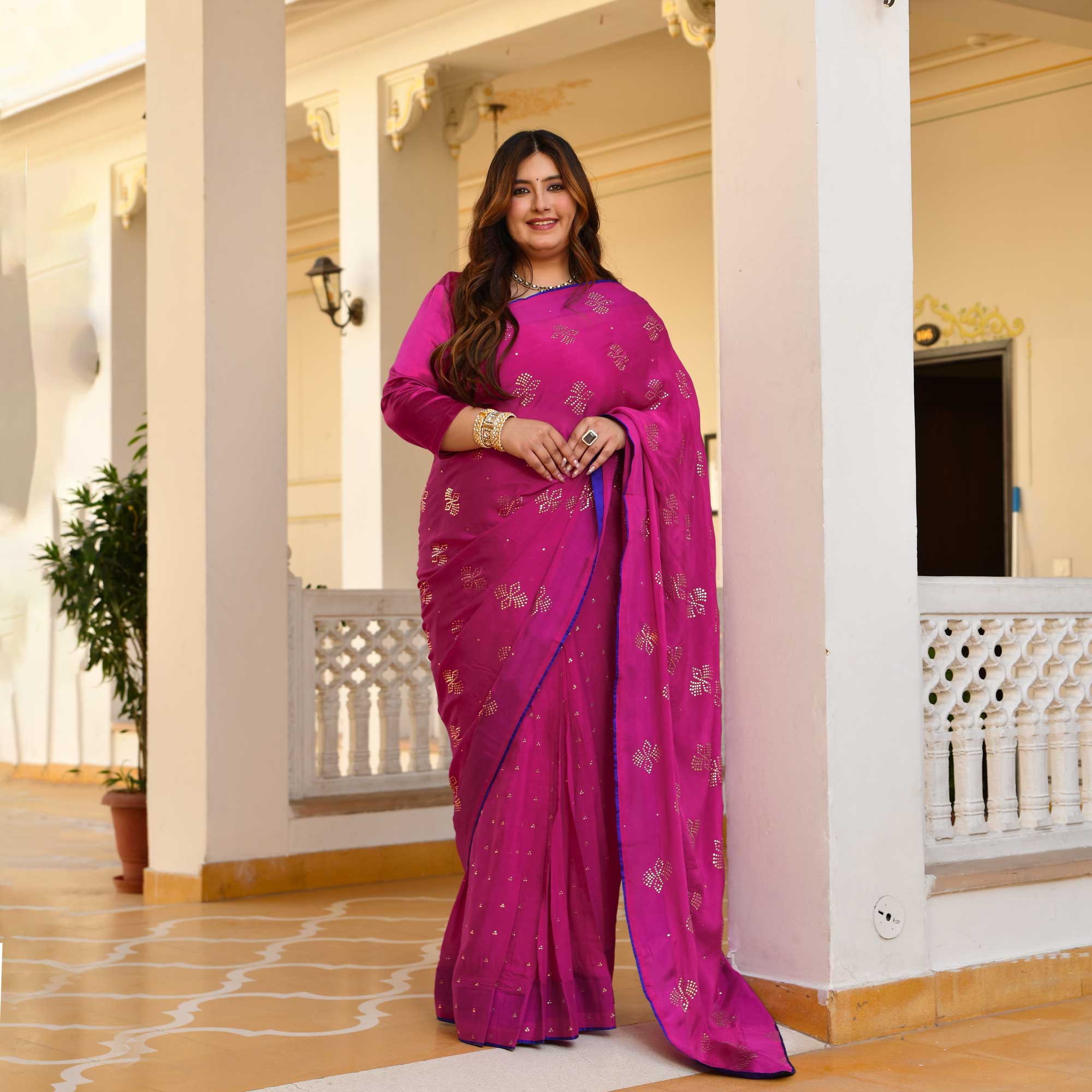 Blush Royale- Rani Pink & Gold Embroidered Pre-drape Saree Set - Image 5