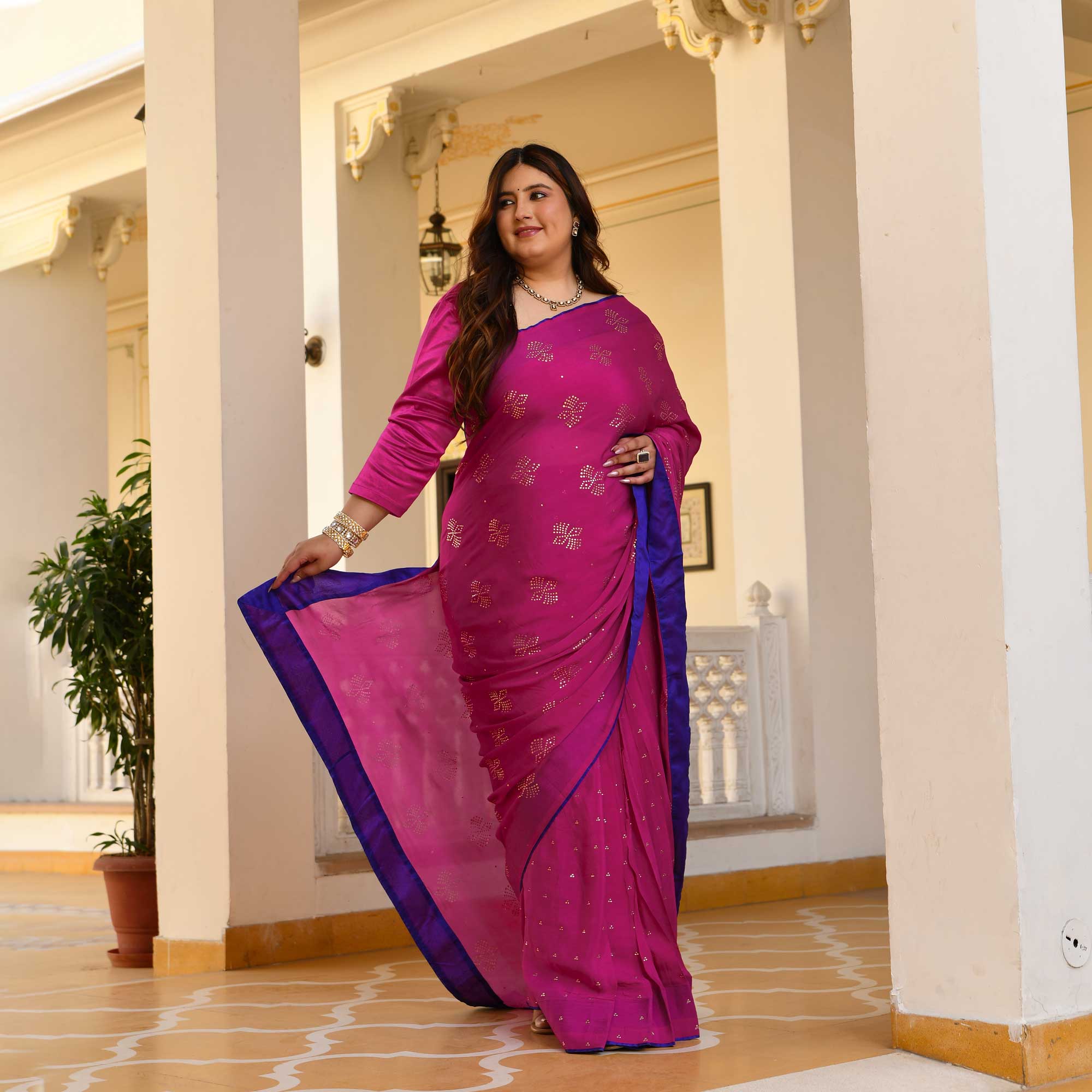 Blush Royale- Rani Pink & Gold Embroidered Pre-drape Saree Set - Image 6