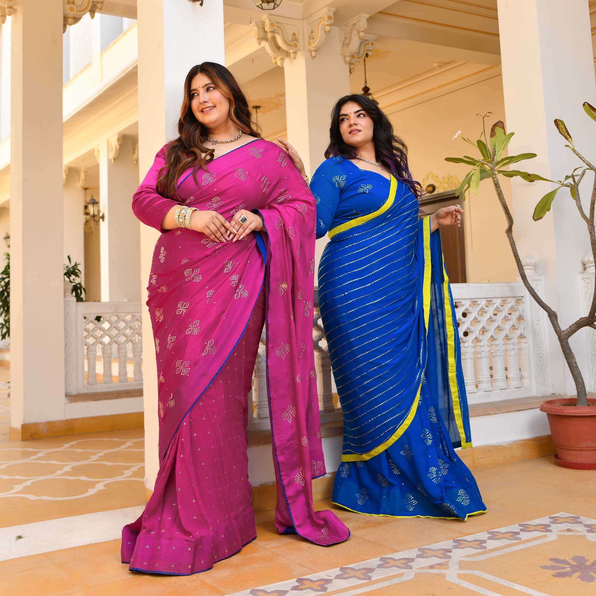Blush Royale- Rani Pink & Gold Embroidered Pre-drape Saree Set - Image 7