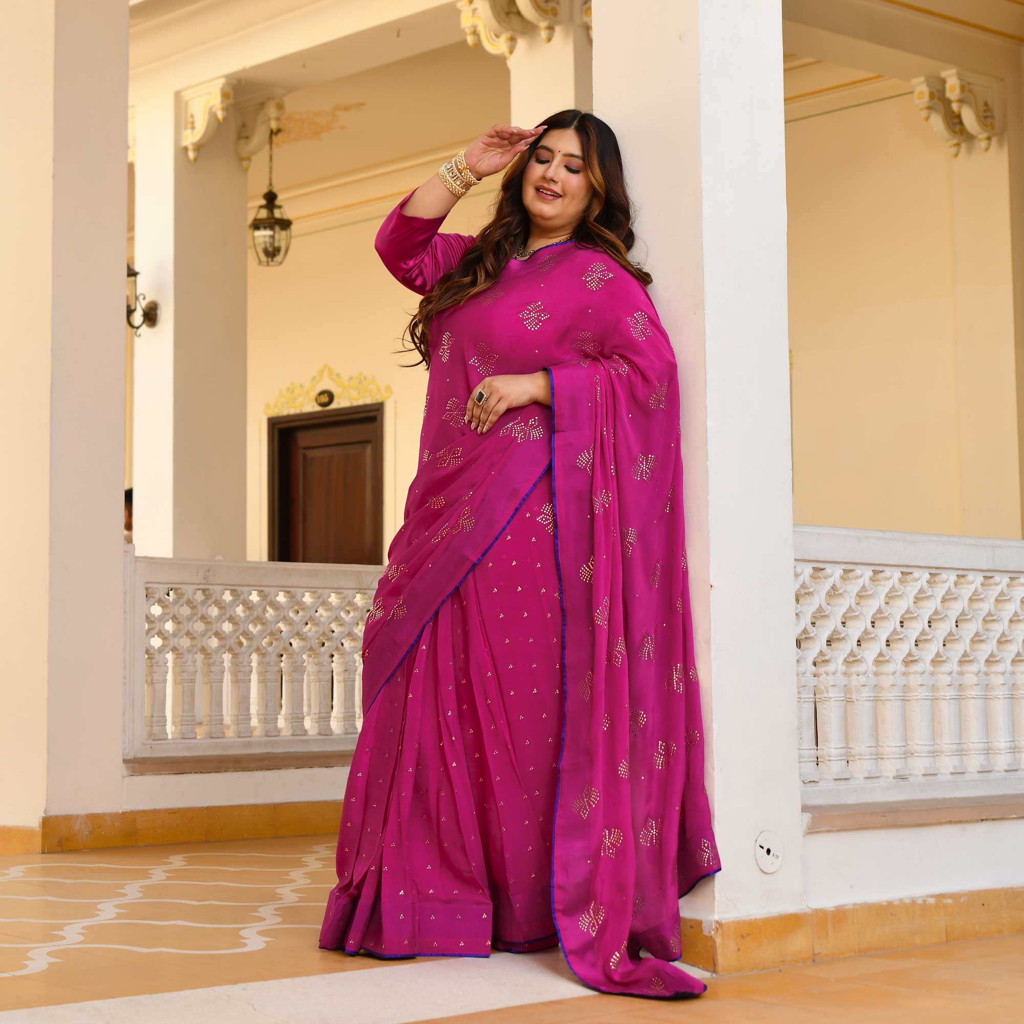 Blush Royale- Rani Pink & Gold Embroidered Pre-drape Saree Set - Image 8