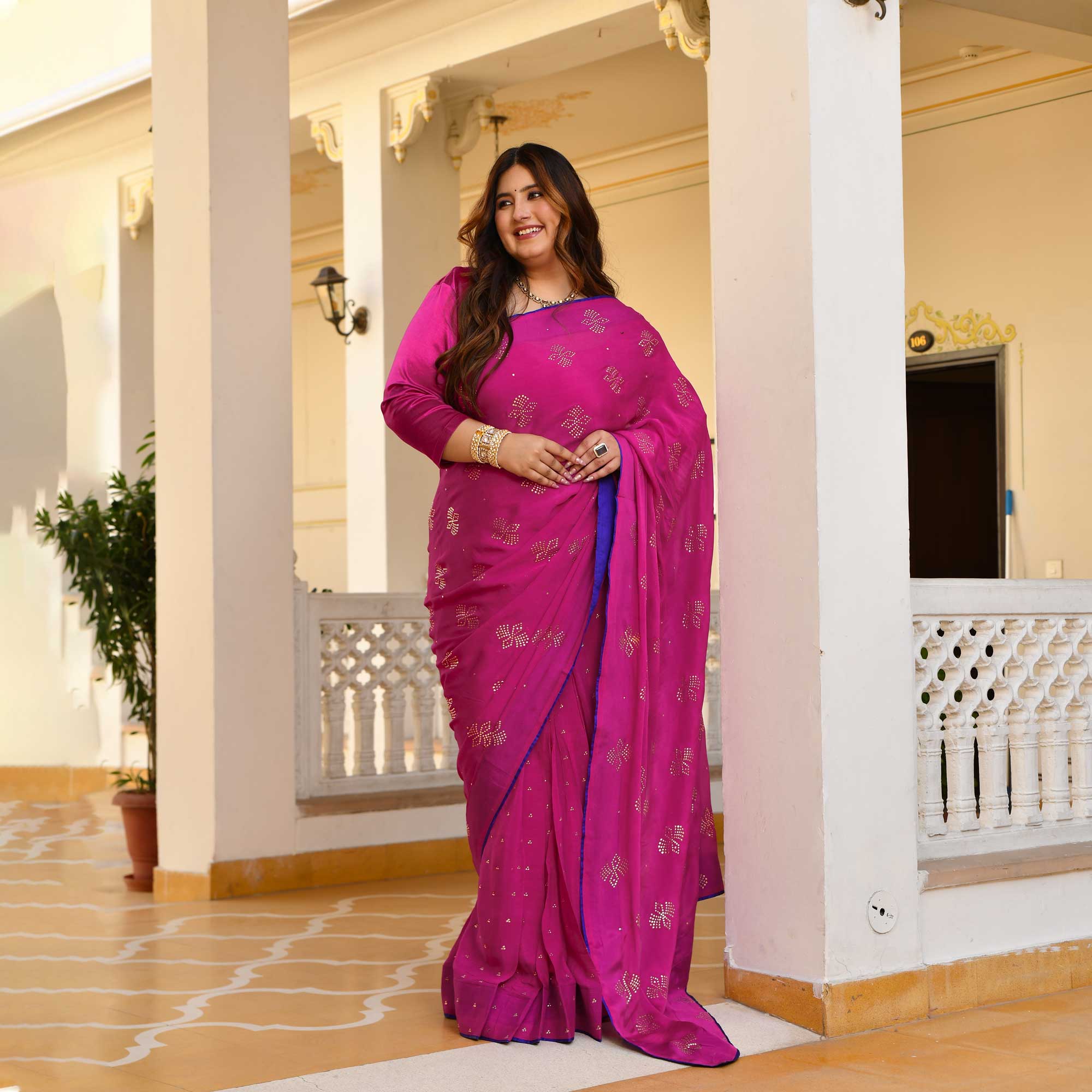 Blush Royale- Rani Pink & Gold Embroidered Pre-drape Saree Set - Image 9