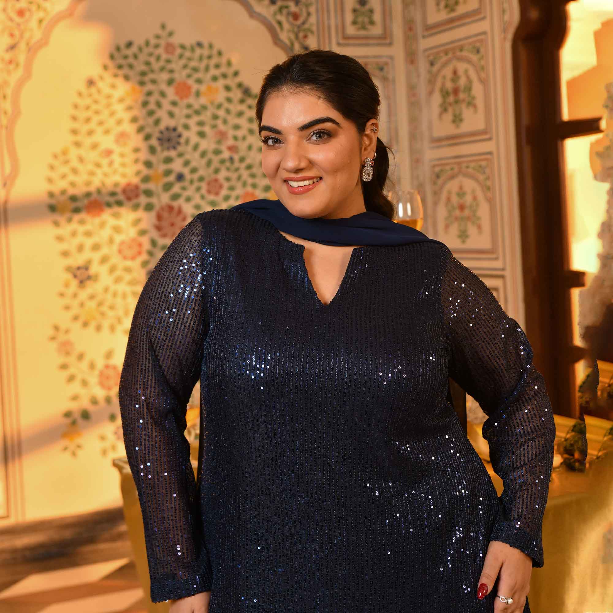 Boston- Navy Blue Sequin Embellished stretchable Co-Ord Set - Image 8