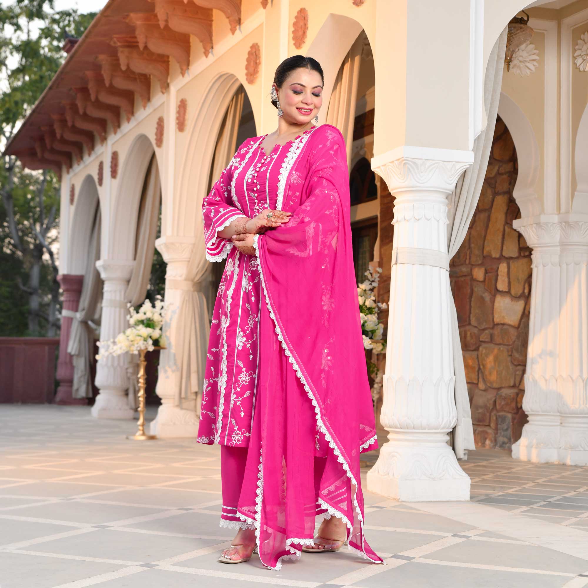 Bougainvillea Pink Thread Embroidered Pure Cotton Suit Set - Image 8
