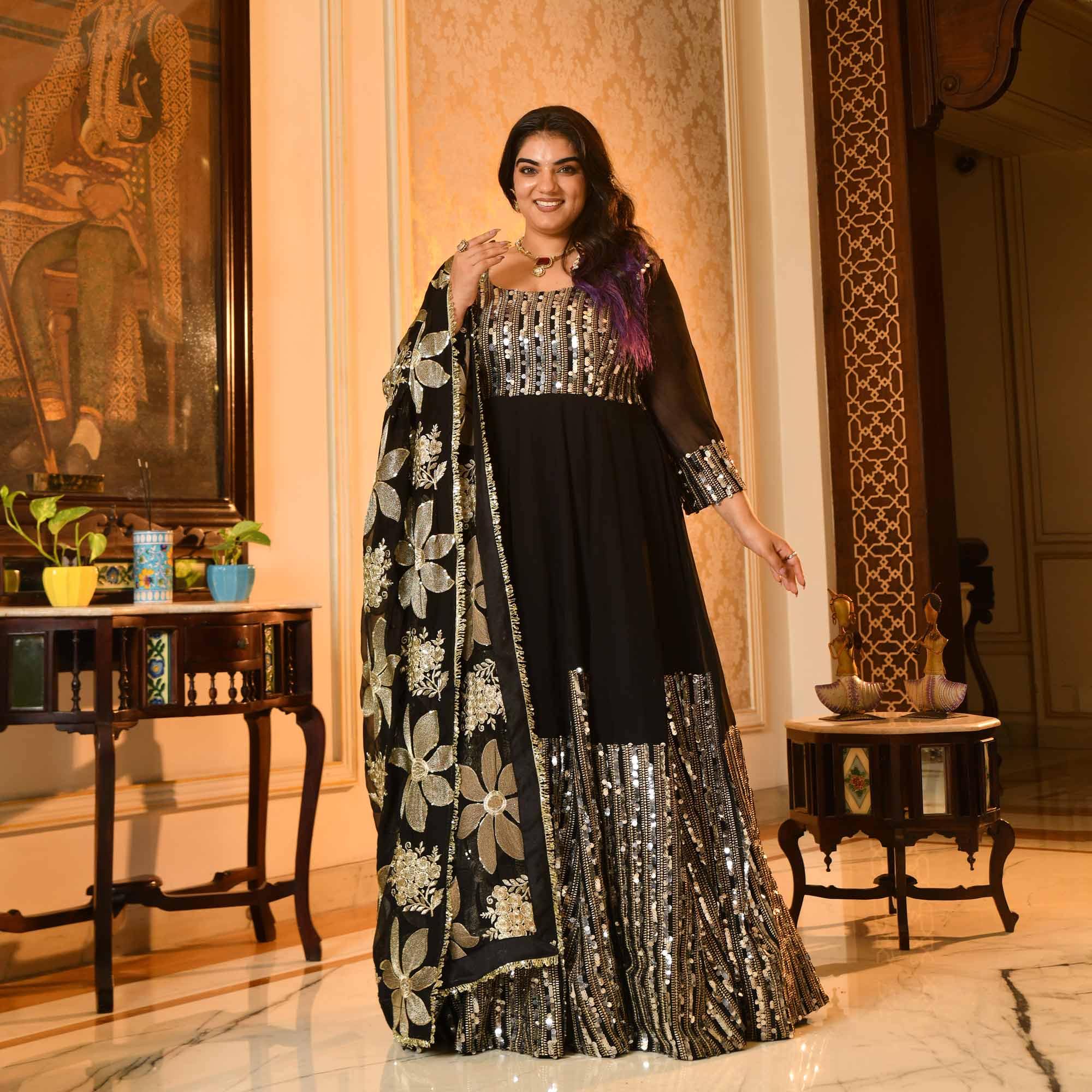 Bournville- Black Georgette Paisley & Sequin Embroidered Anarkali Set - Image 3