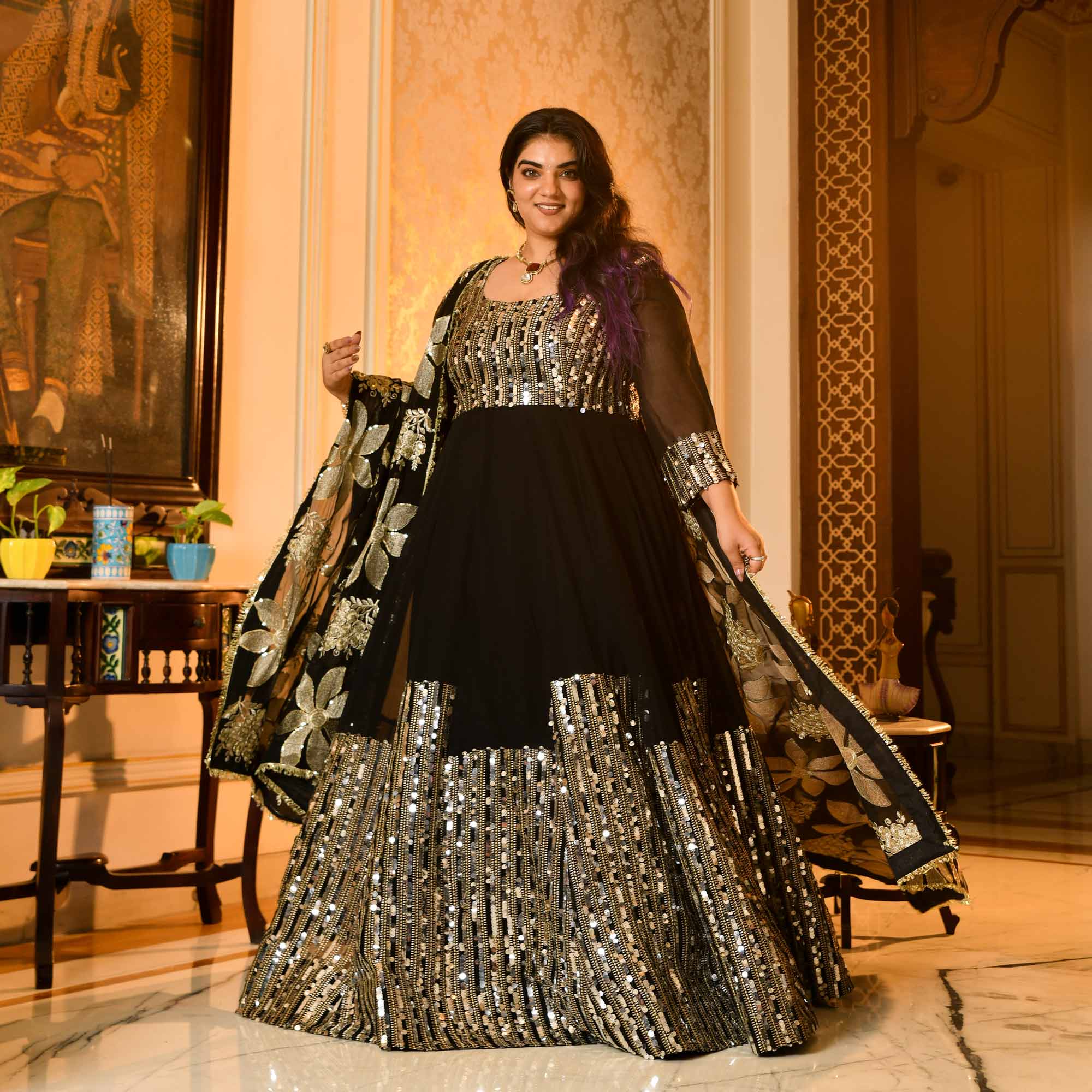 Bournville- Black Georgette Paisley & Sequin Embroidered Anarkali Set - Image 4