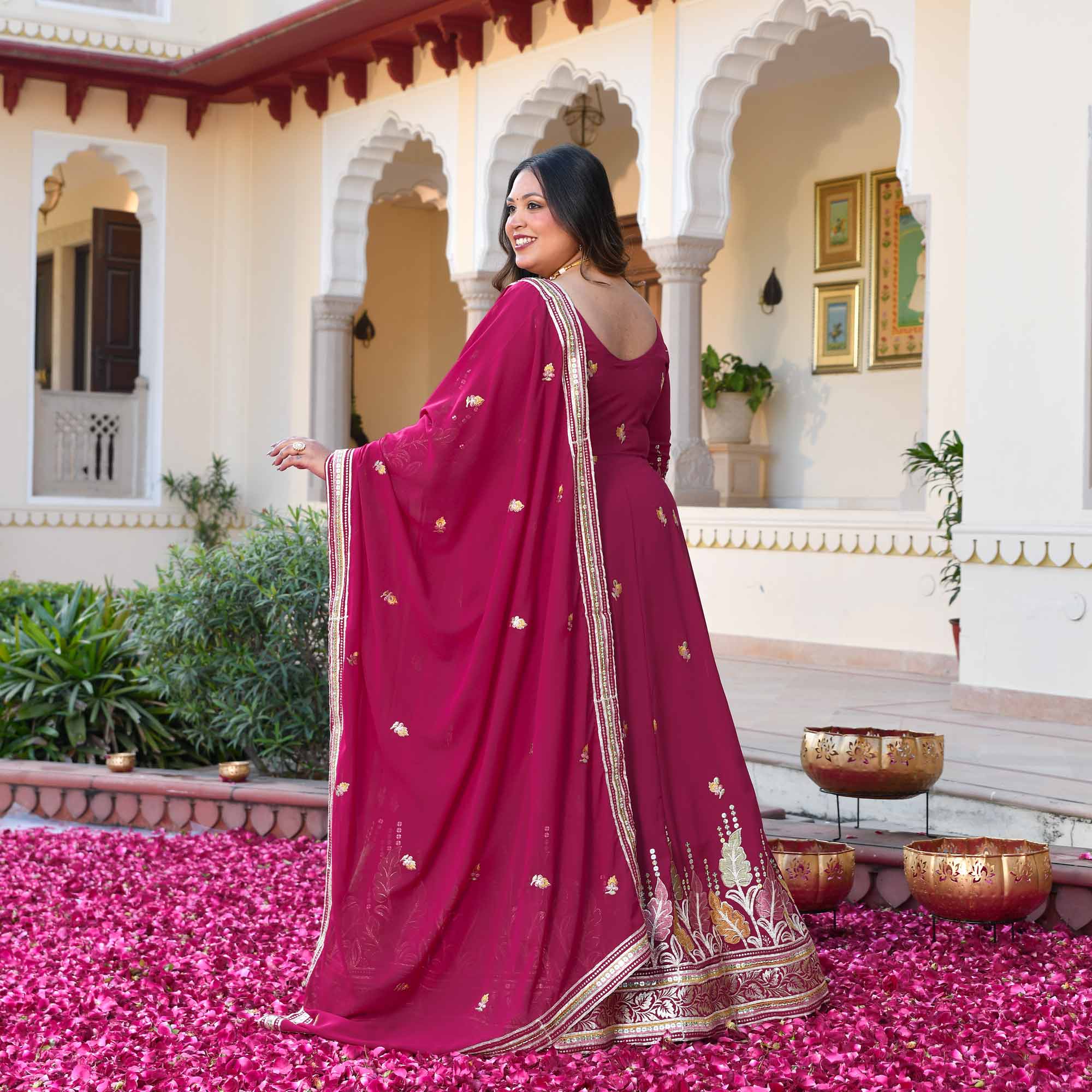 Butterflies- Rani Pink Thread & Gota Embroidered Georgette Anarkali Set - Image 5
