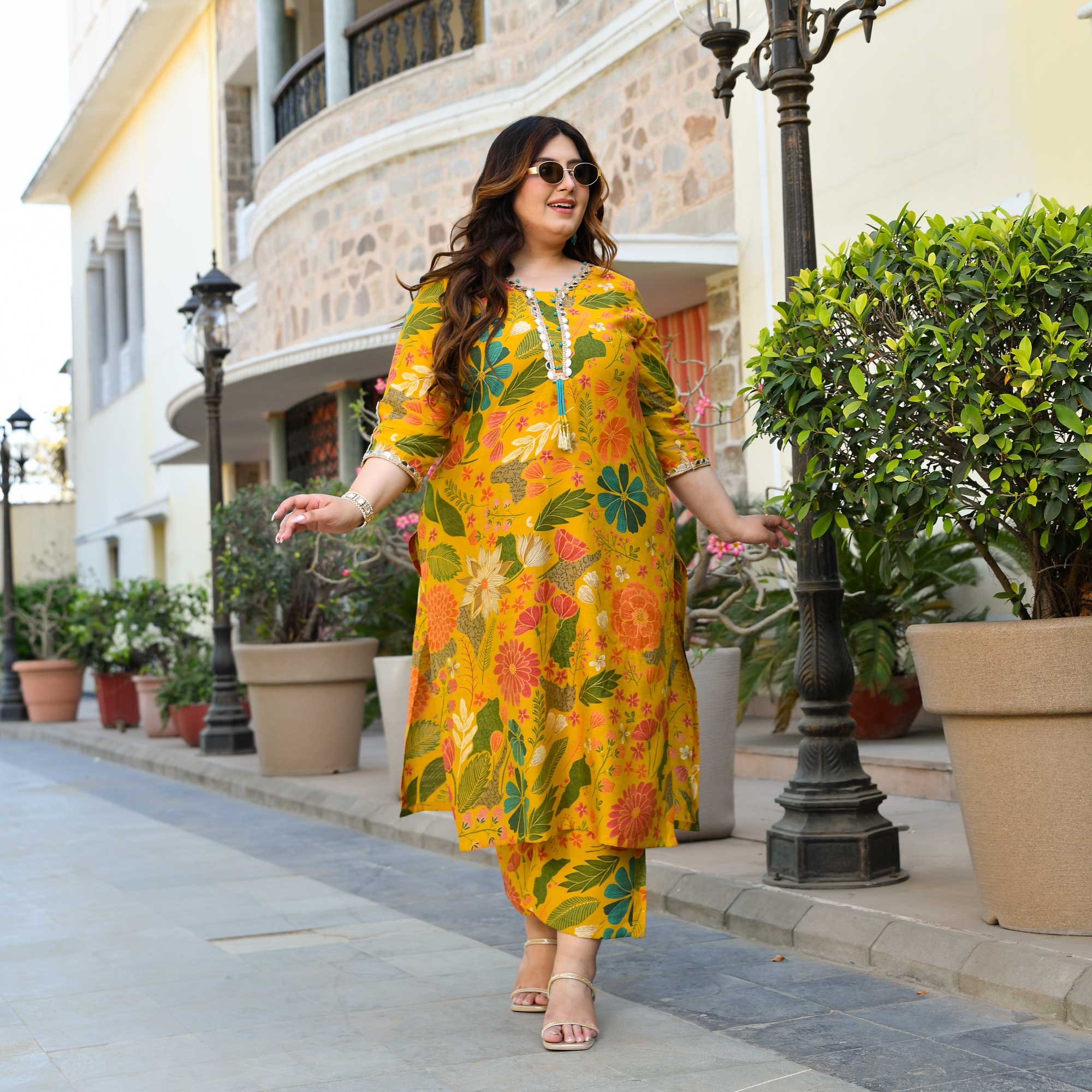 California Poppy- Yellow Floral Print Modal Viscose Blend Kurta Pants Set - Image 10