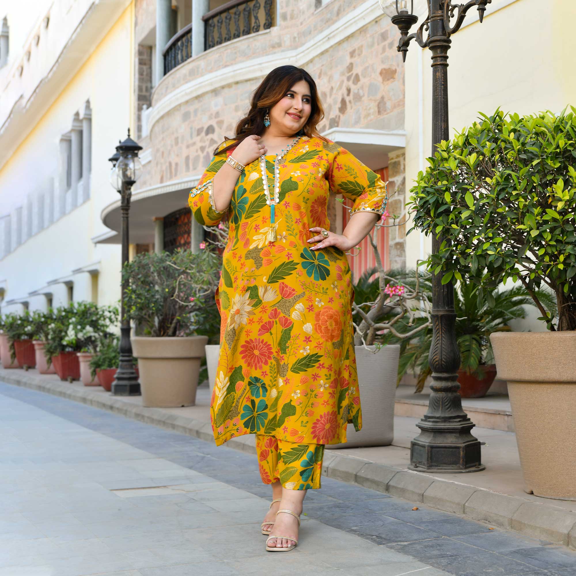 California Poppy- Yellow Floral Print Modal Viscose Blend Kurta Pants Set - Image 11