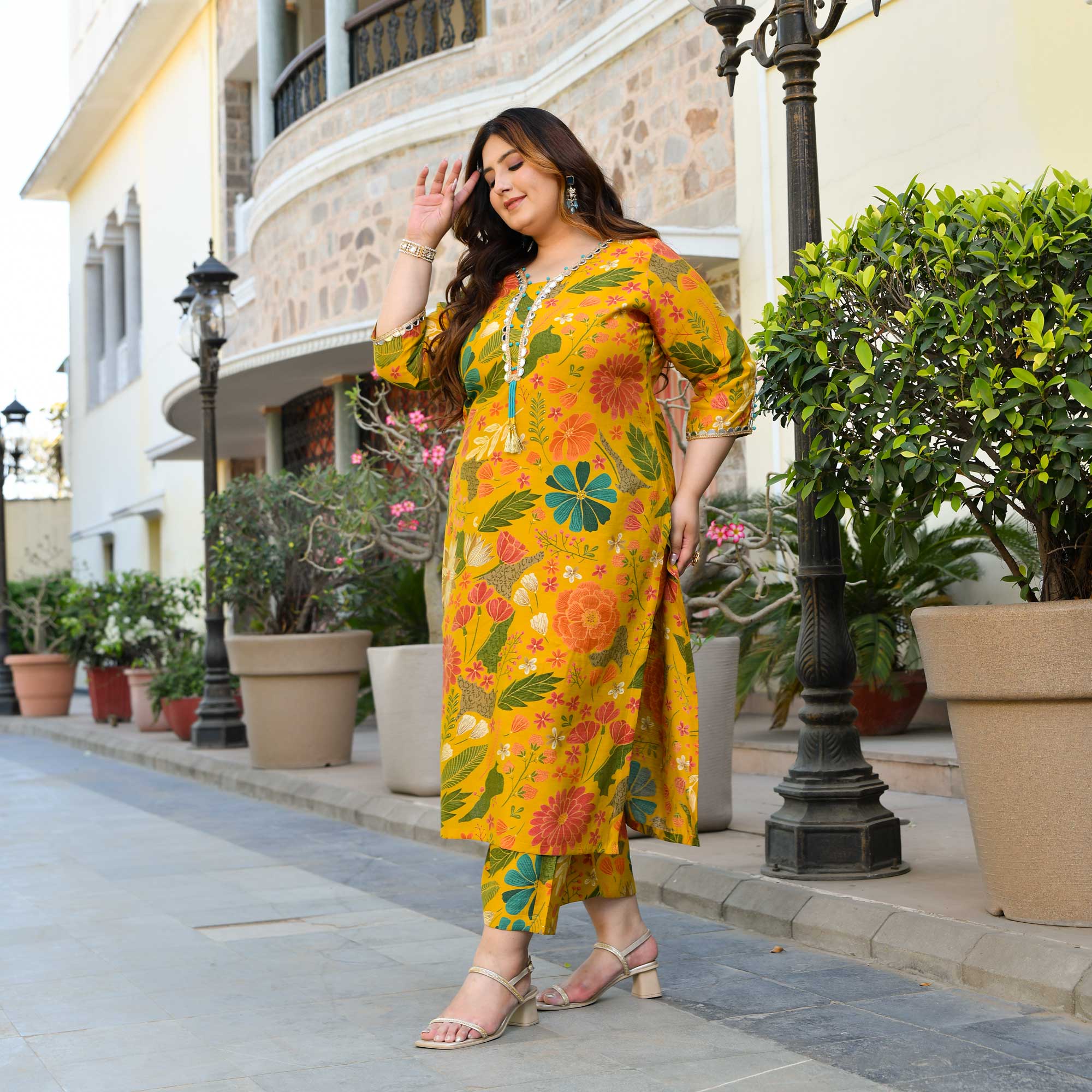 California Poppy- Yellow Floral Print Modal Viscose Blend Kurta Pants Set - Image 3