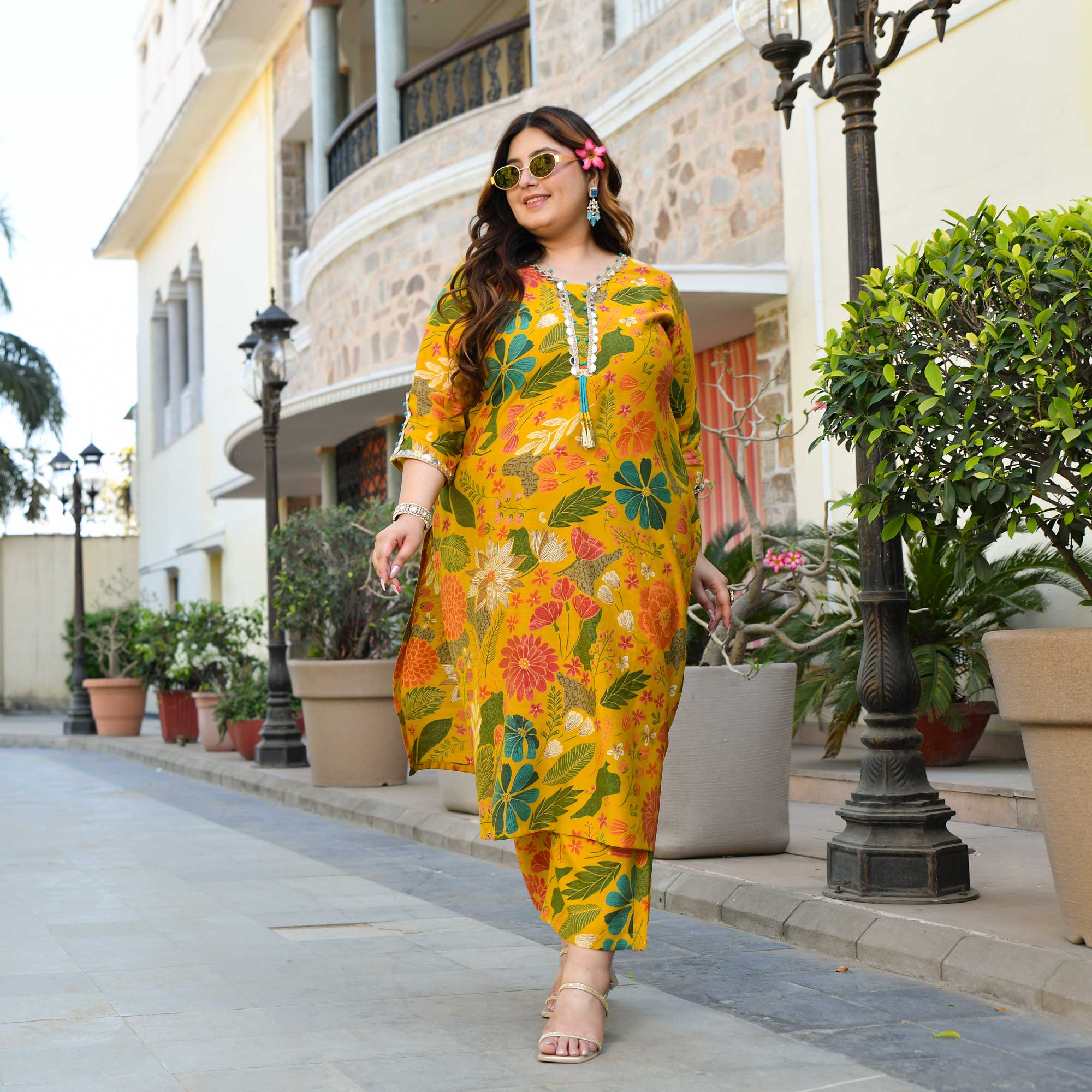 California Poppy- Yellow Floral Print Modal Viscose Blend Kurta Pants Set - Image 5