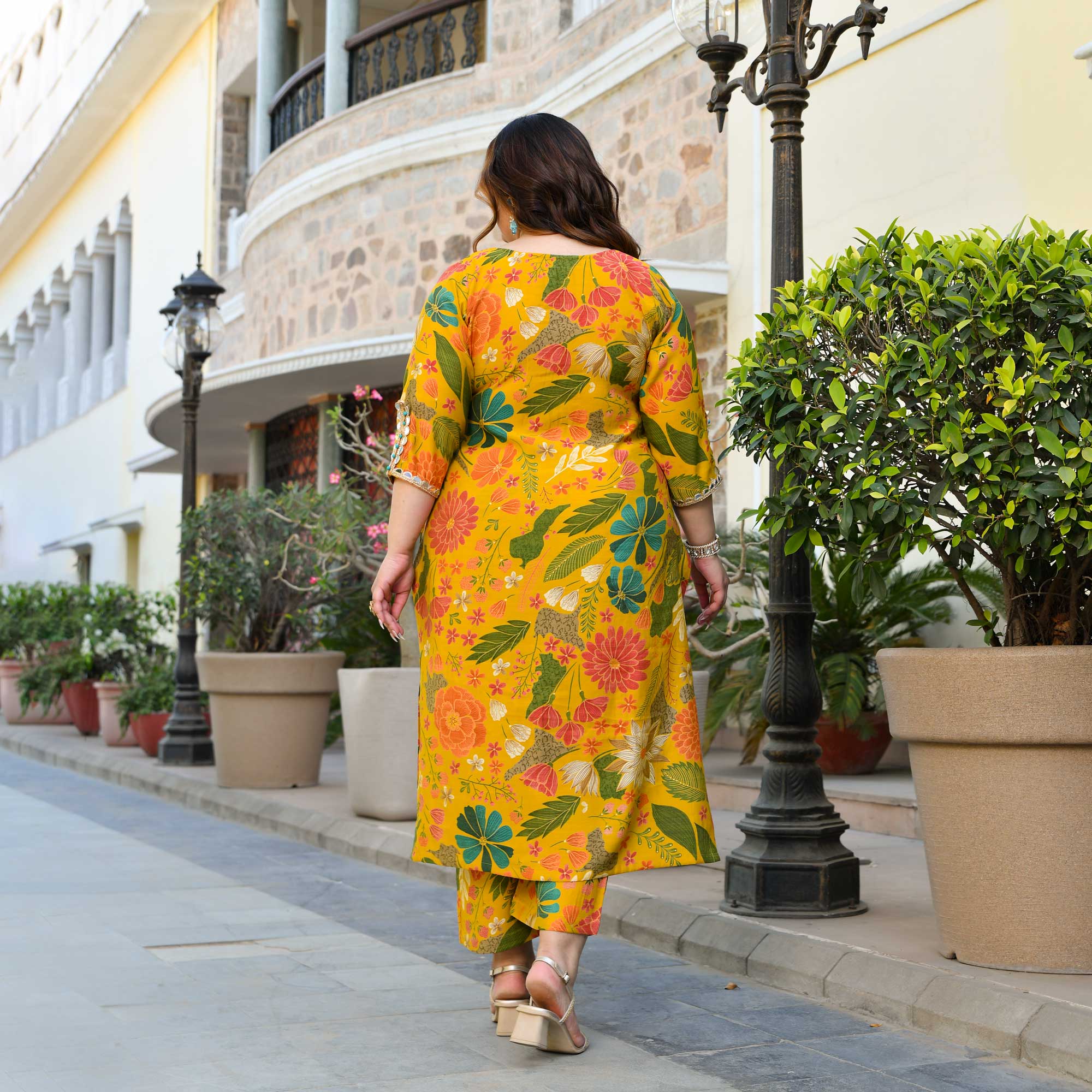 California Poppy- Yellow Floral Print Modal Viscose Blend Kurta Pants Set - Image 7