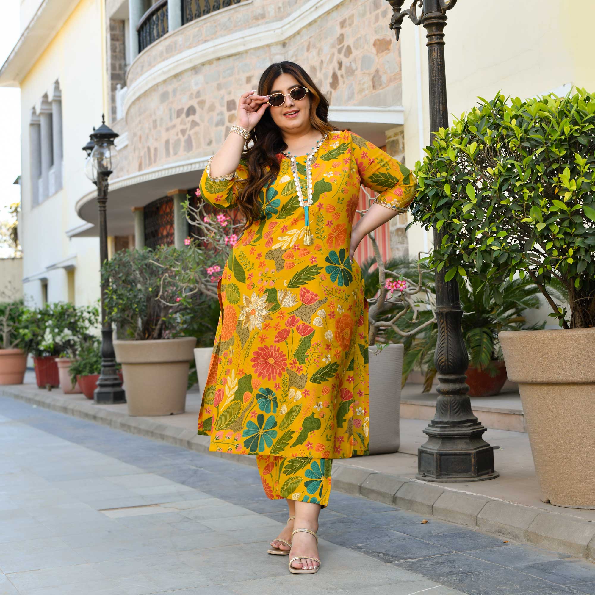 California Poppy- Yellow Floral Print Modal Viscose Blend Kurta Pants Set - Image 9