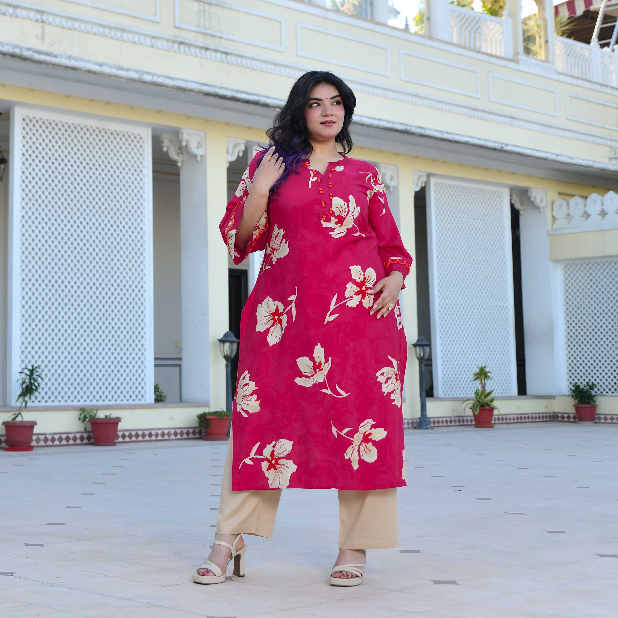 Camellia- Deep Pink Floral Print Rayon Kurta - Image 10