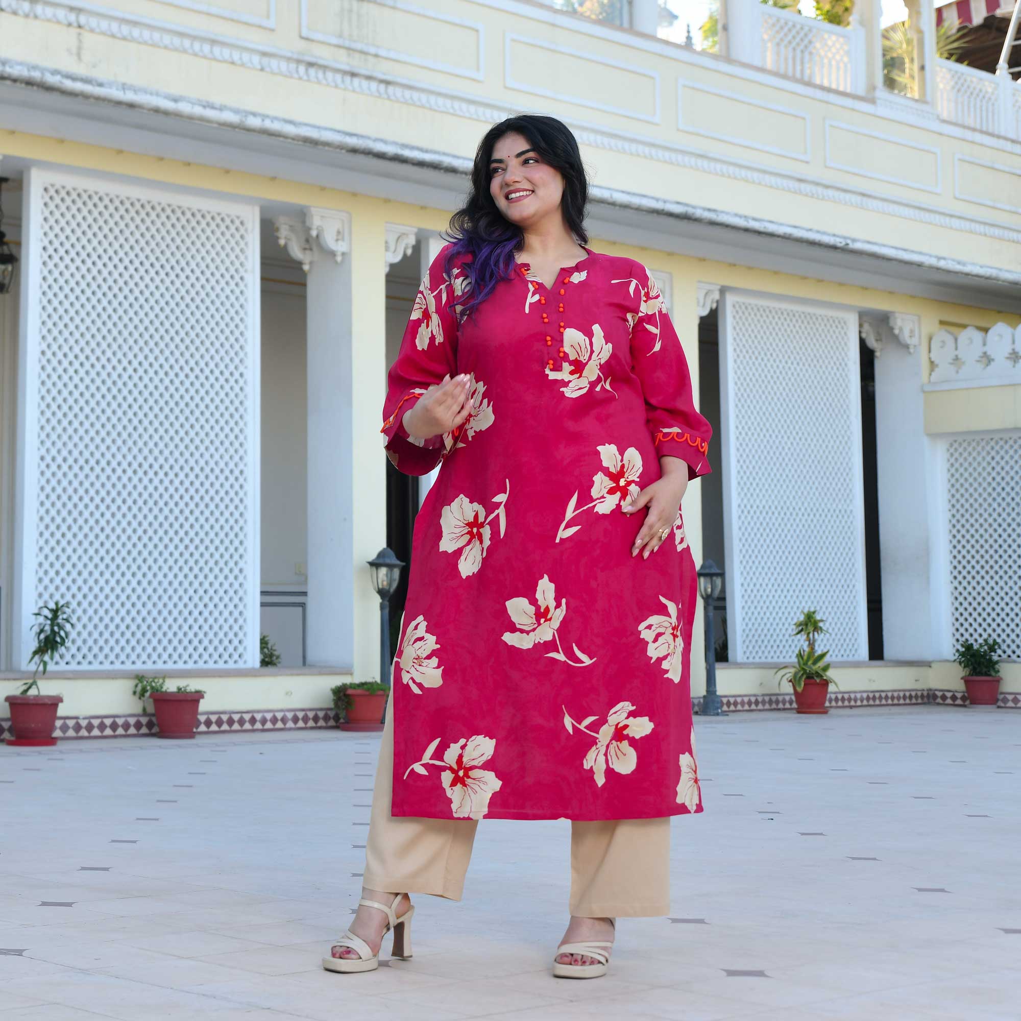 Camellia- Deep Pink Floral Print Rayon Kurta - Image 5