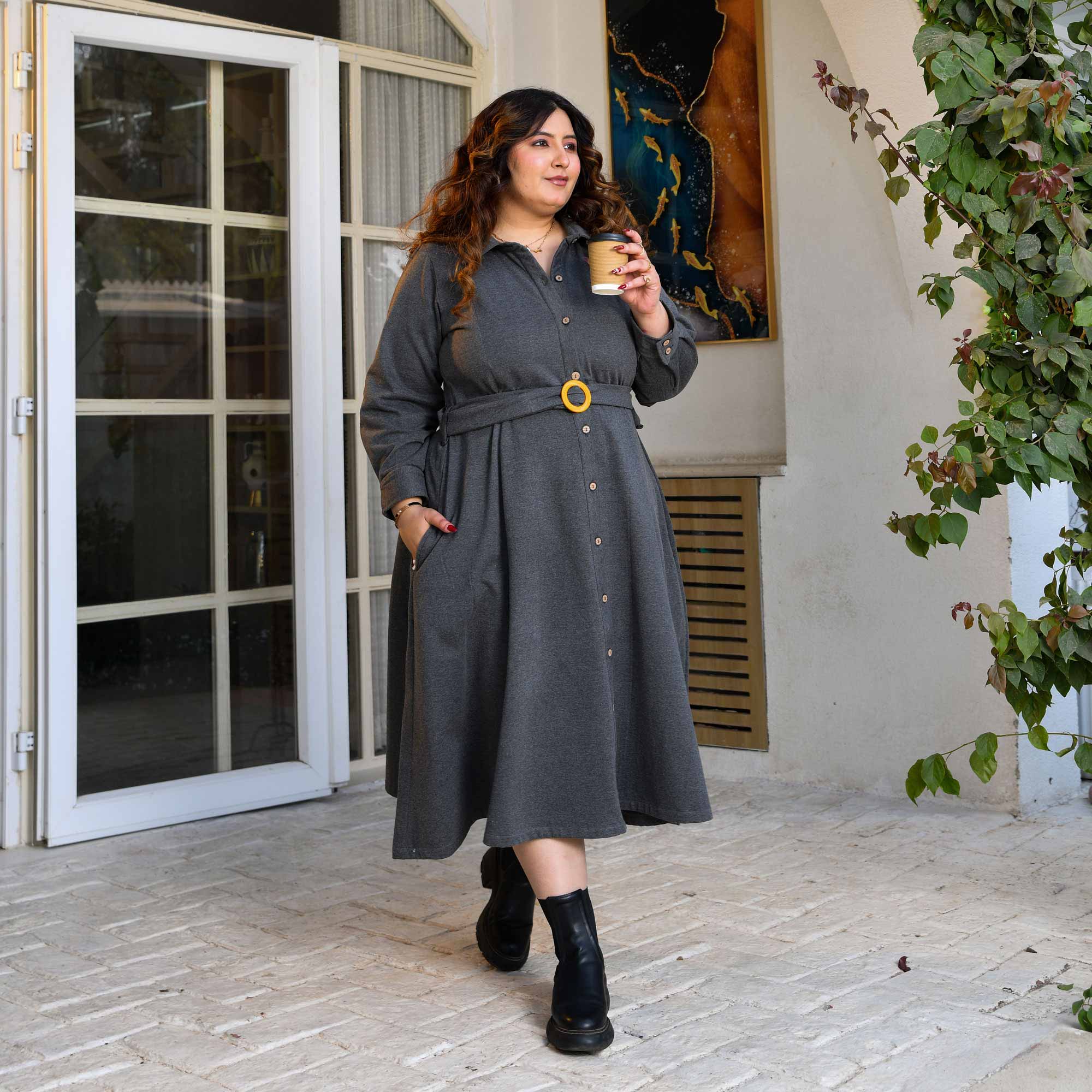 Carbon Grey Woollen Fleece Aline Dress - Image 8