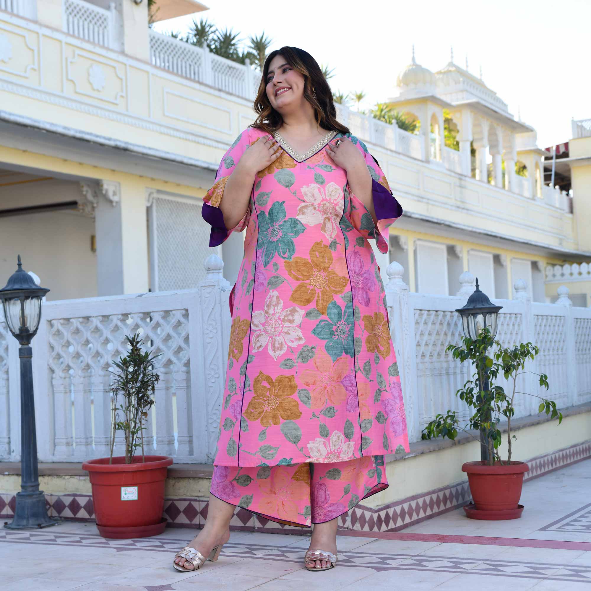 Carnation- Blush Pink Floral Modal Viscose Blend Kurta with Asymmetrical Pants - Image 4